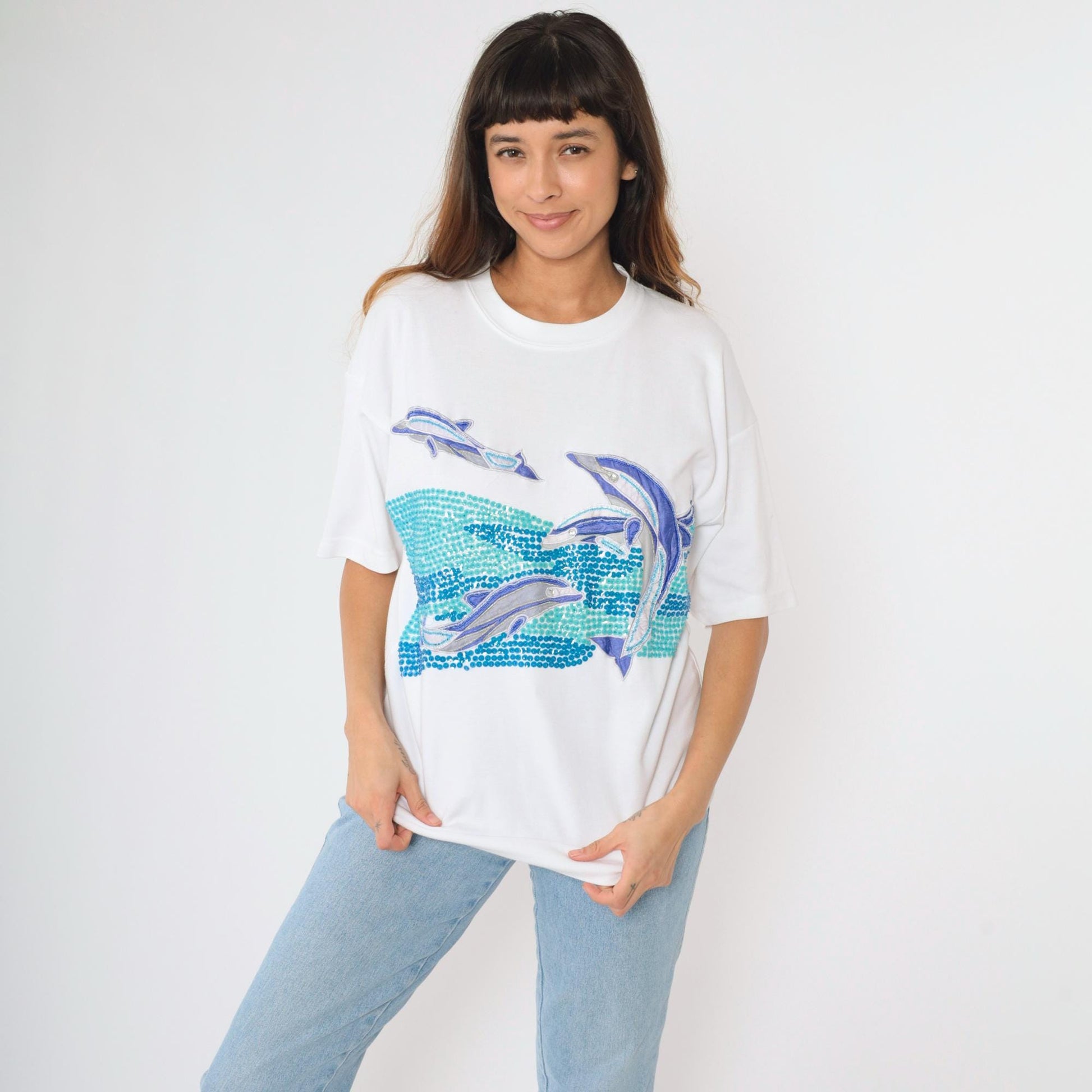 90s Sequin Dolphin Graphic T-Shirt Embroidered Rhinestone White Medium M