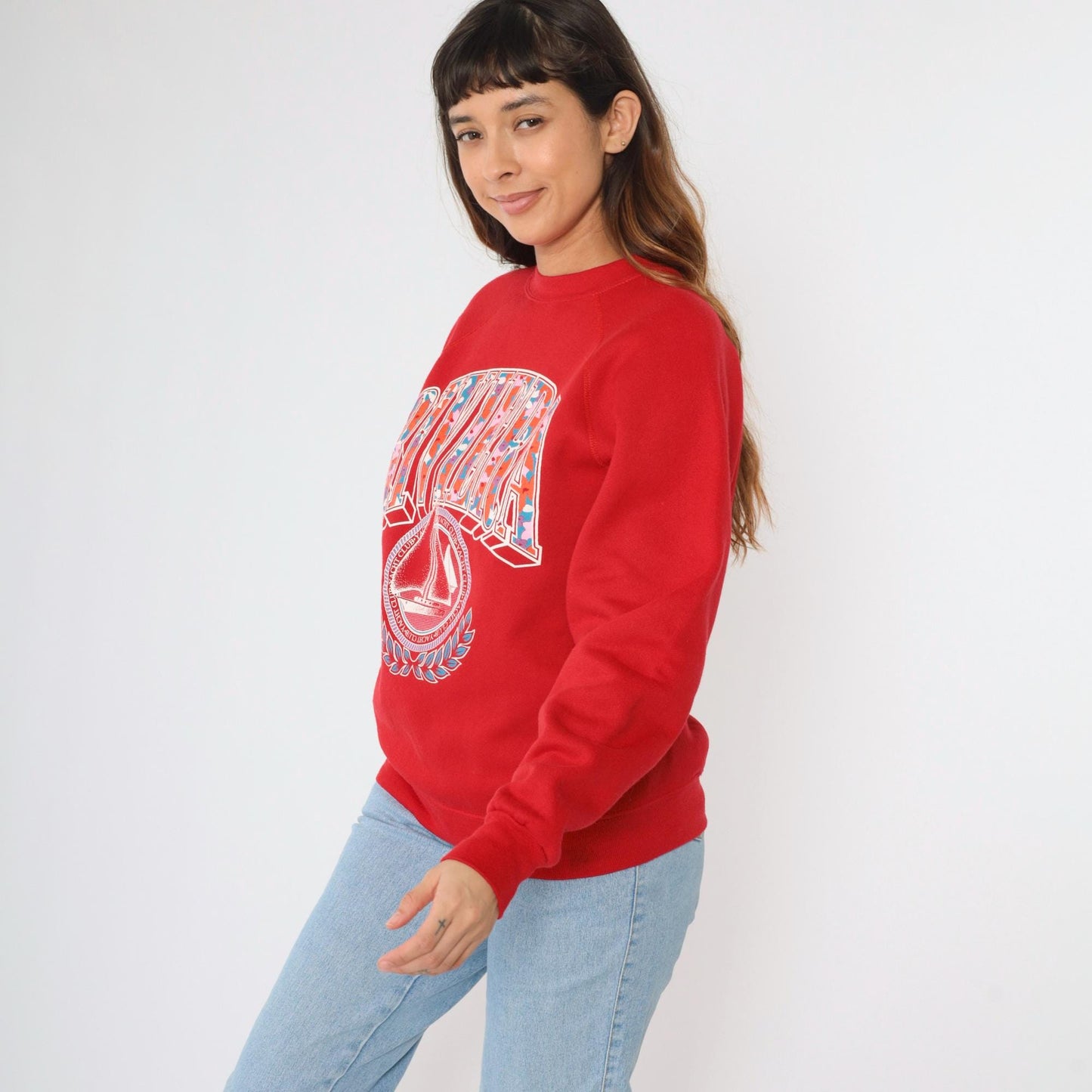 90s Riviera Yacht Club Sailboat Sweatshirt Red Raglan Crewneck Medium