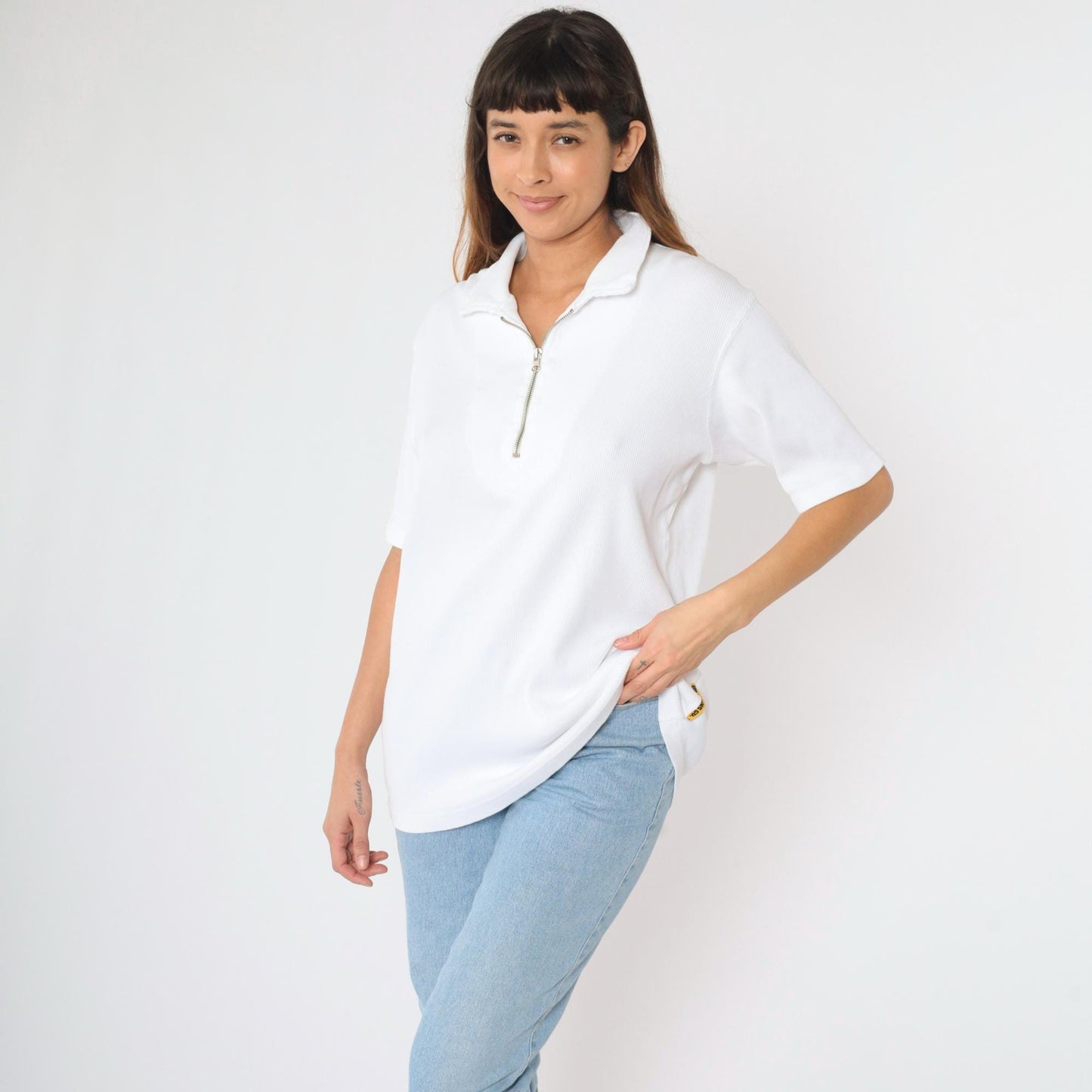 Y2K Ralph Lauren Polo Jeans Quarter-Zip Ribbed Shirt White Cotton Large L