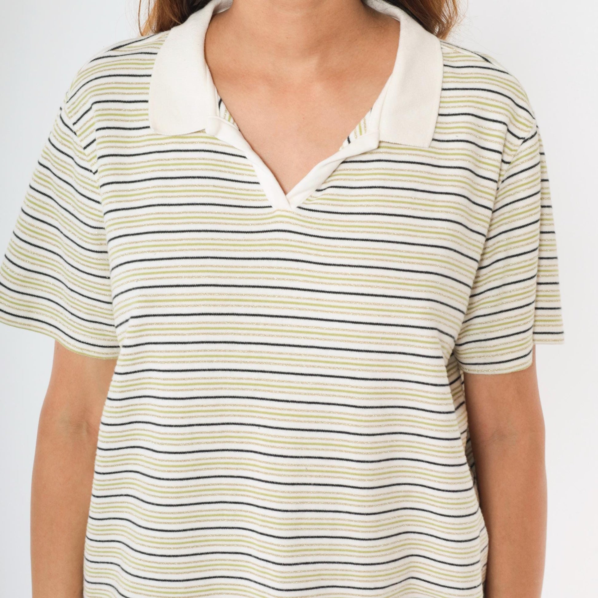Y2K Metallic Striped Johnny Collar Shirt White Gold Green Plus Size XXL