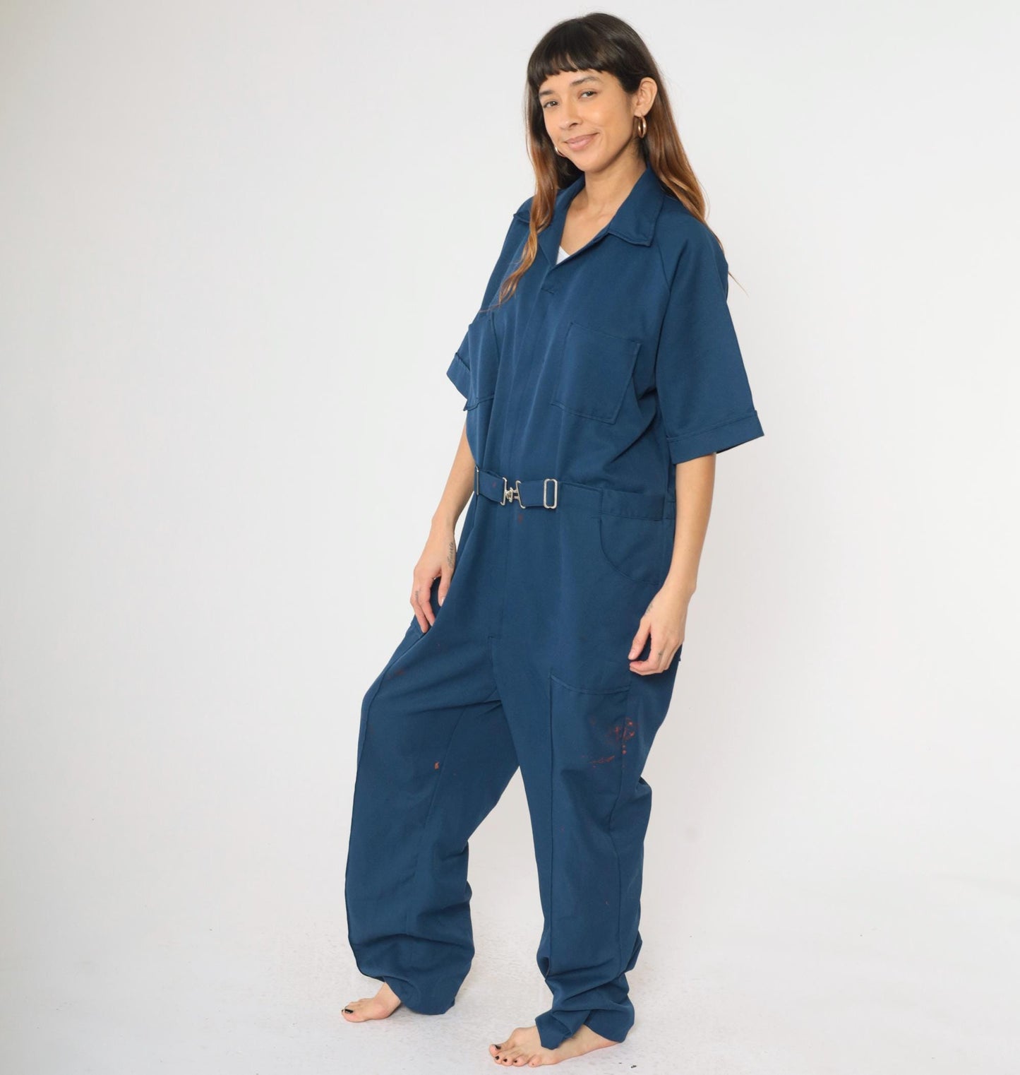 70s Dark Blue Utility Coveralls Straight Leg Zip Boiler Suit Men's Extra Large