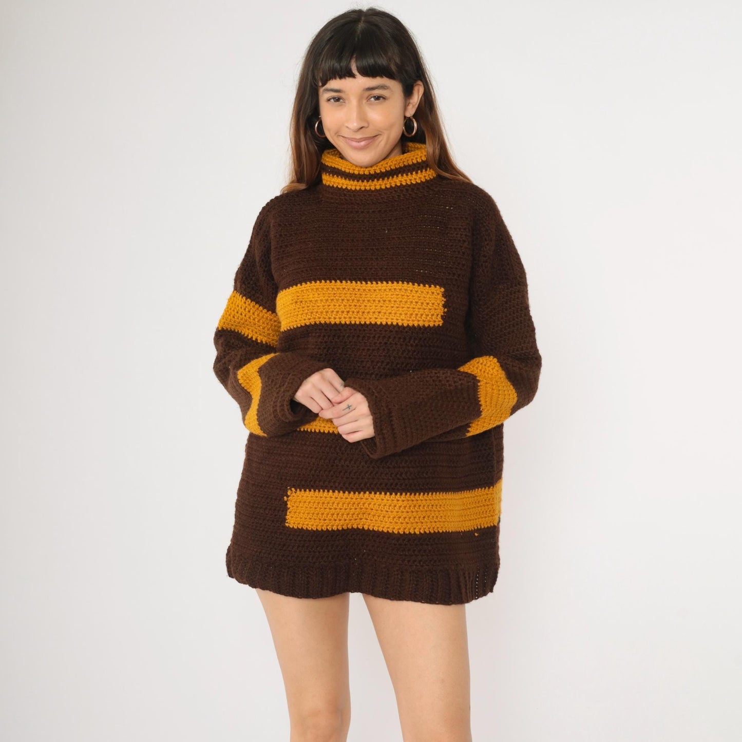70s Striped Crochet Sweater Brown Mustard Mock Neck Pullover Extra Large