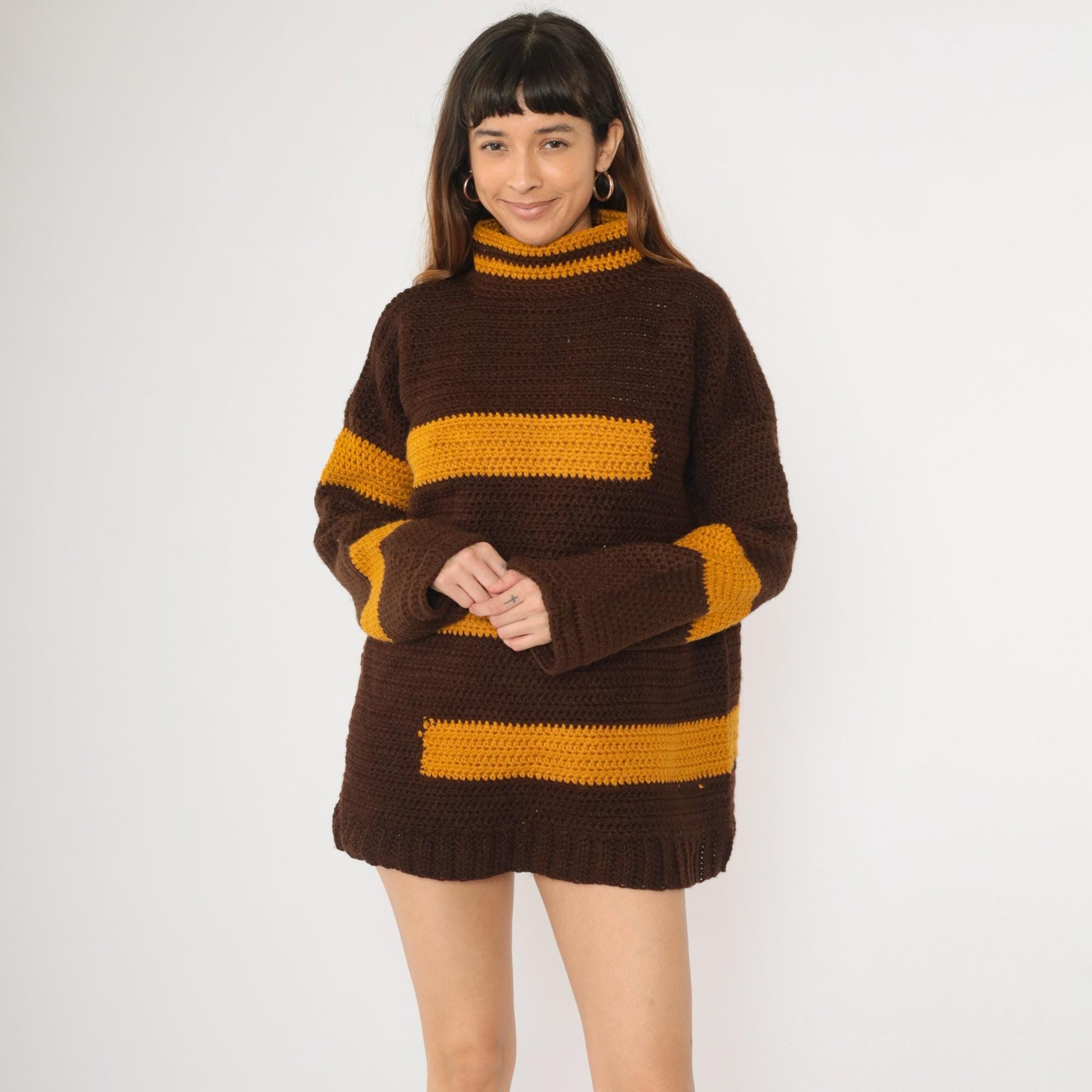 70s Striped Crochet Sweater Brown Mustard Mock Neck Pullover Extra Large
