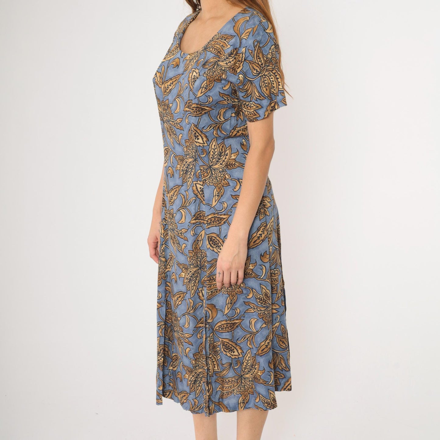 90s Caroline Wells Collection Floral Midi Dress Blue Gold A-Line Medium M