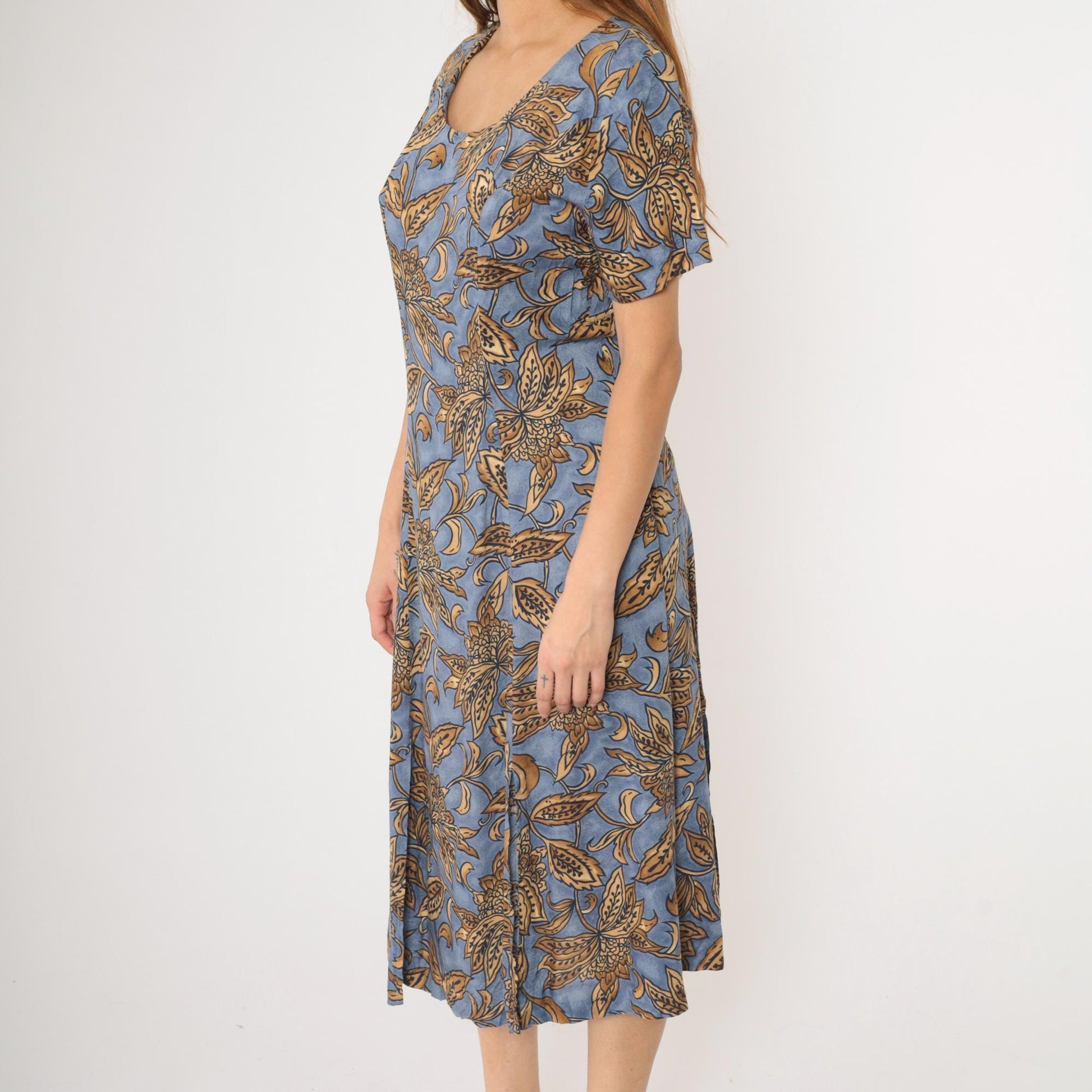 90s Caroline Wells Collection Floral Midi Dress Blue Gold A-Line Medium M