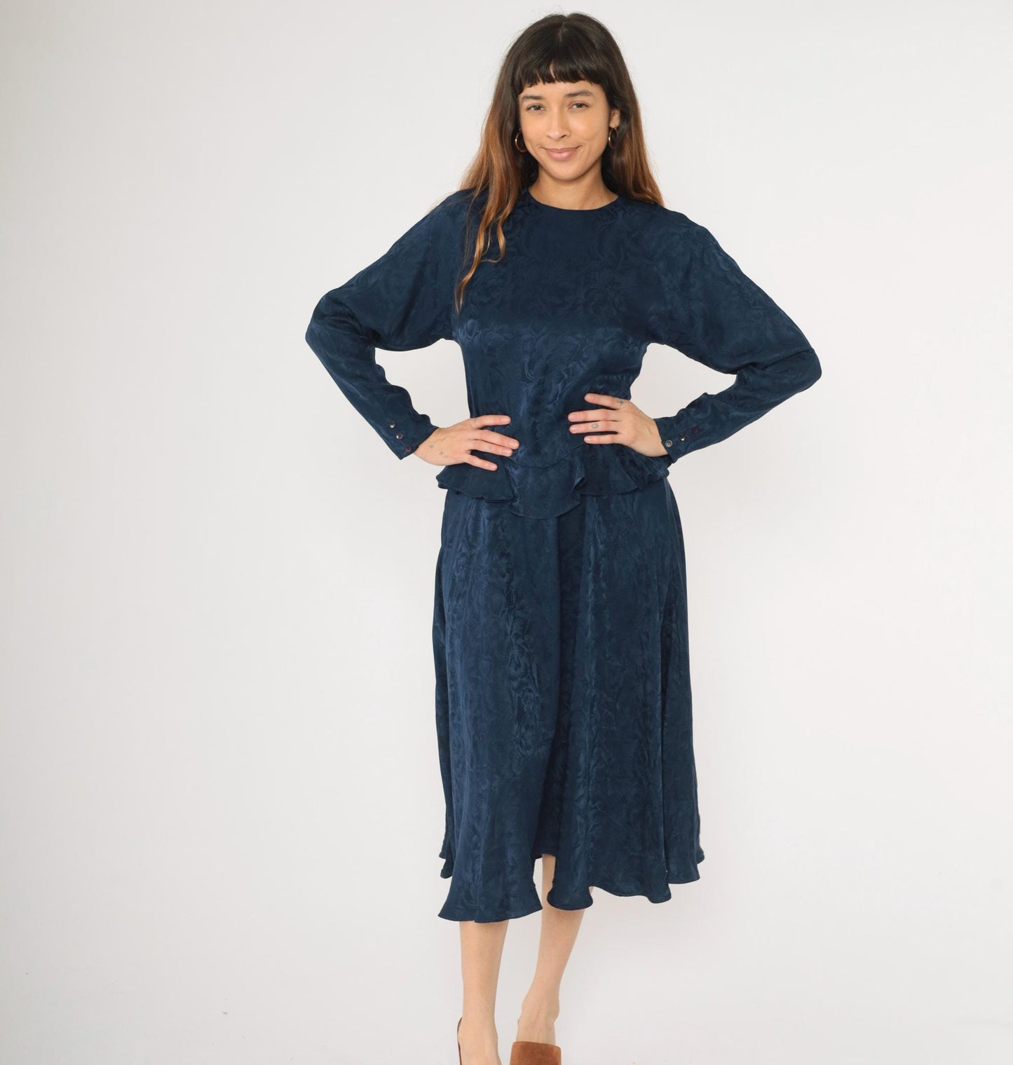 90s Argenti Navy Silk Midi Dress Floral Jacquard Peplum Raglan Medium M