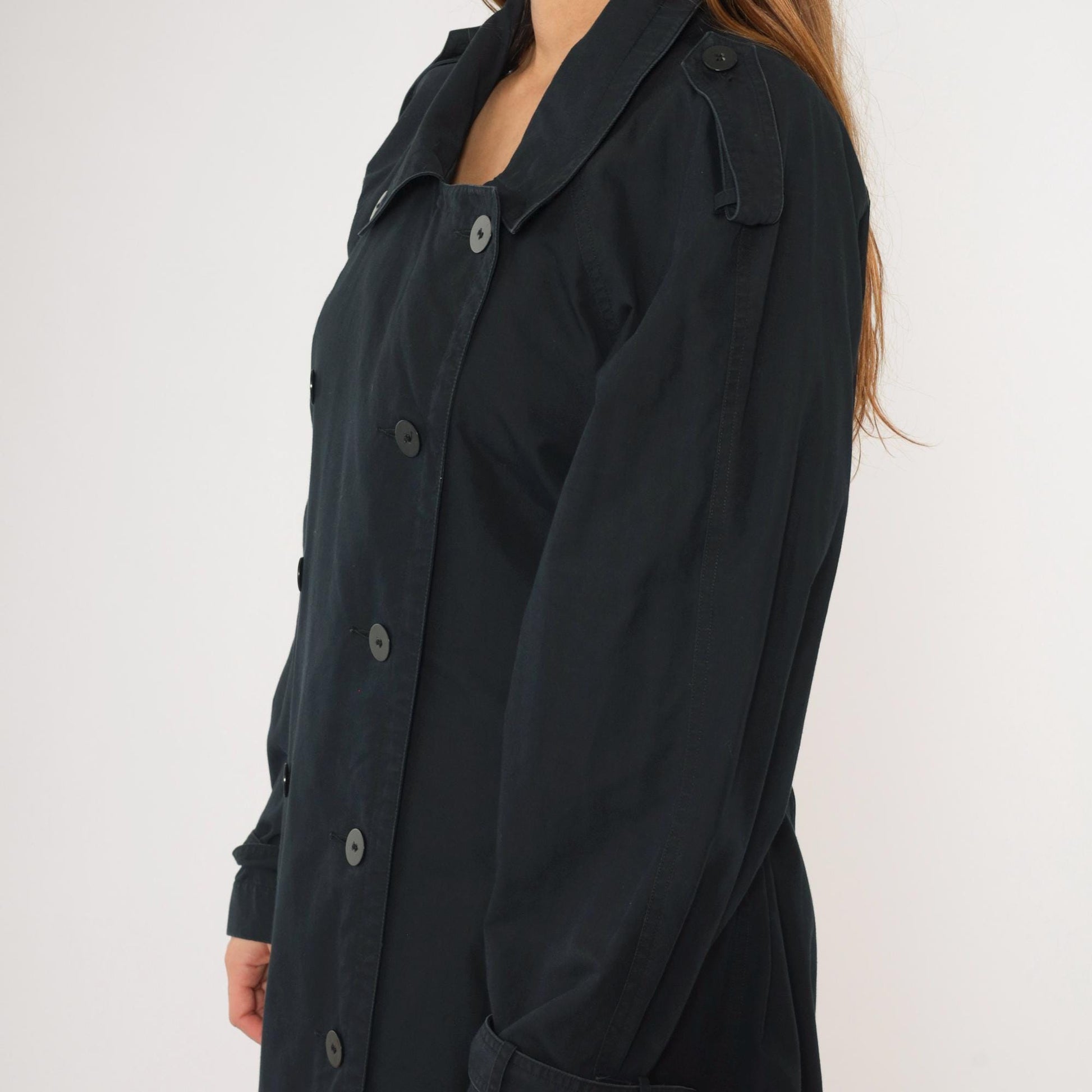 90s Liz Claiborne Black Trench Coat Double Breasted Belted Maxi Large L