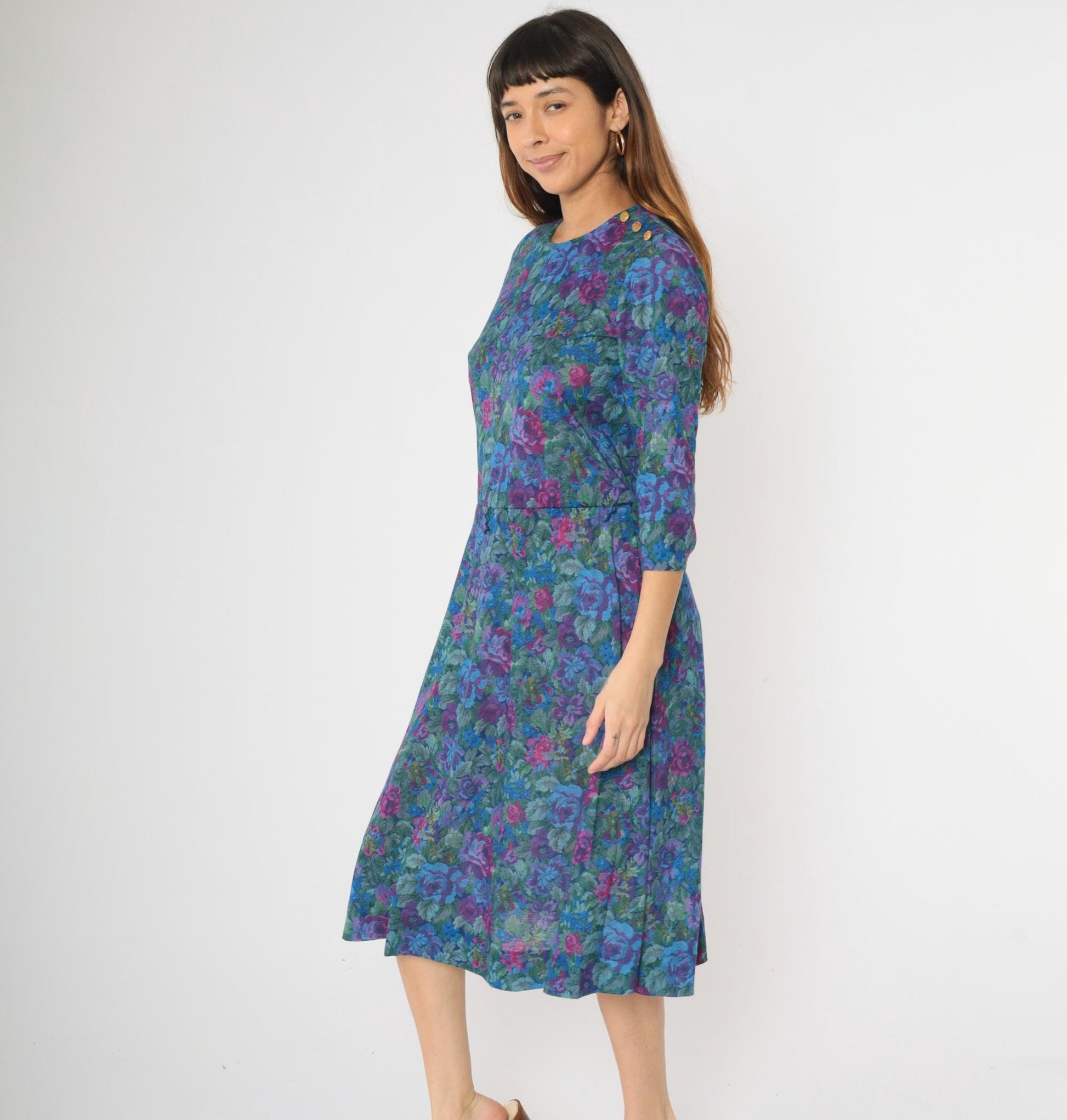 80s Floral Rose Print Midi Dress Long Sleeve Low Waist Blue Purple Green Medium