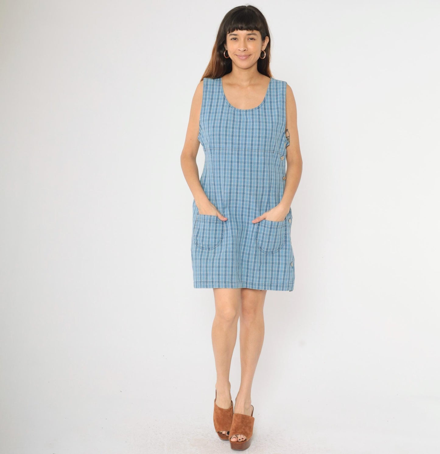 90s Cherokee Blue Plaid Mini Jumper Dress Sleeveless Shift Medium M