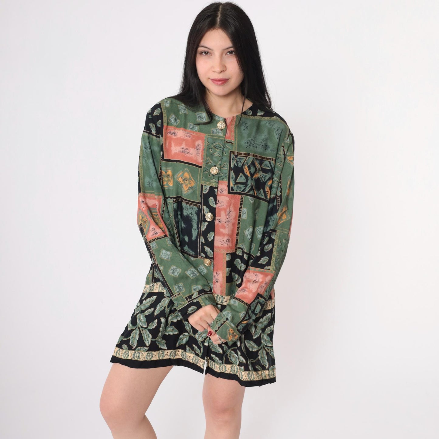 90s Patchwork Mini Dress Button-Up Long Sleeve Green Black Coral Medium M