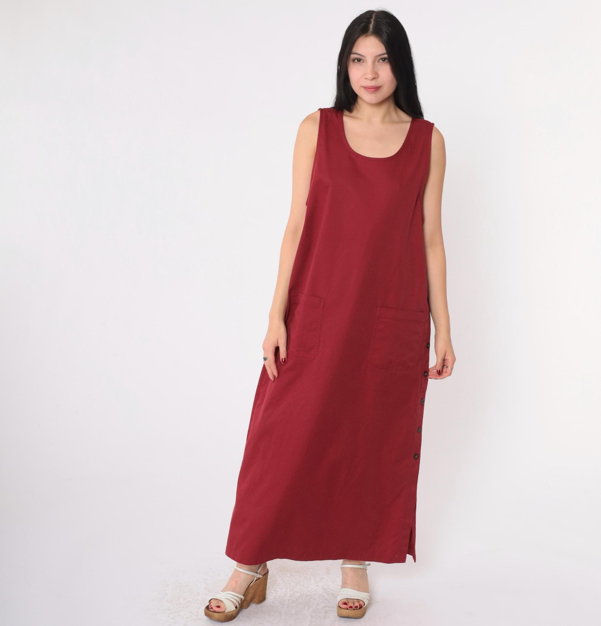 Y2K Burgundy Maxi Jumper Dress Sleeveless Button Side Pockets Medium M