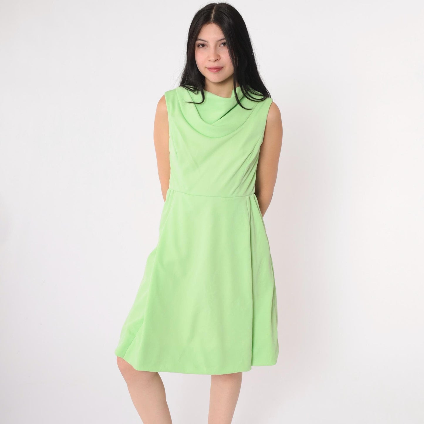 1970s Lime Green Cowl Neck Shift Dress Mini Sleeveless Small S