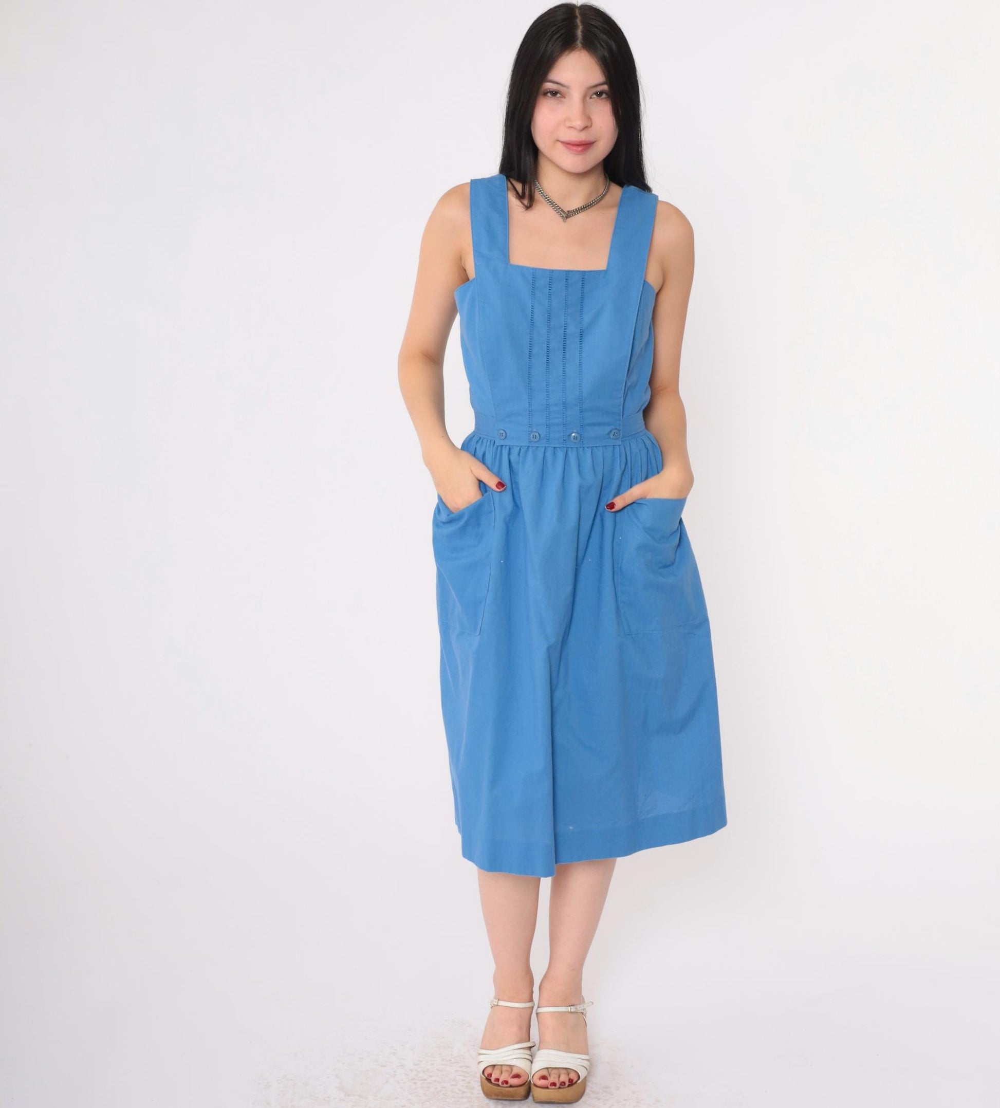 80s Lanz Originals Blue Cotton Pinafore Dress Cutwork Square Neckline Small