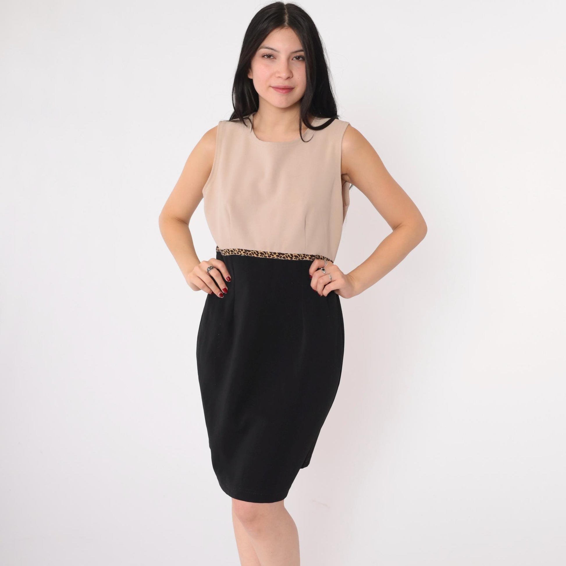 90s Ronni Nicole Petite Color Block Mini Dress Leopard Trim Beige Black Medium