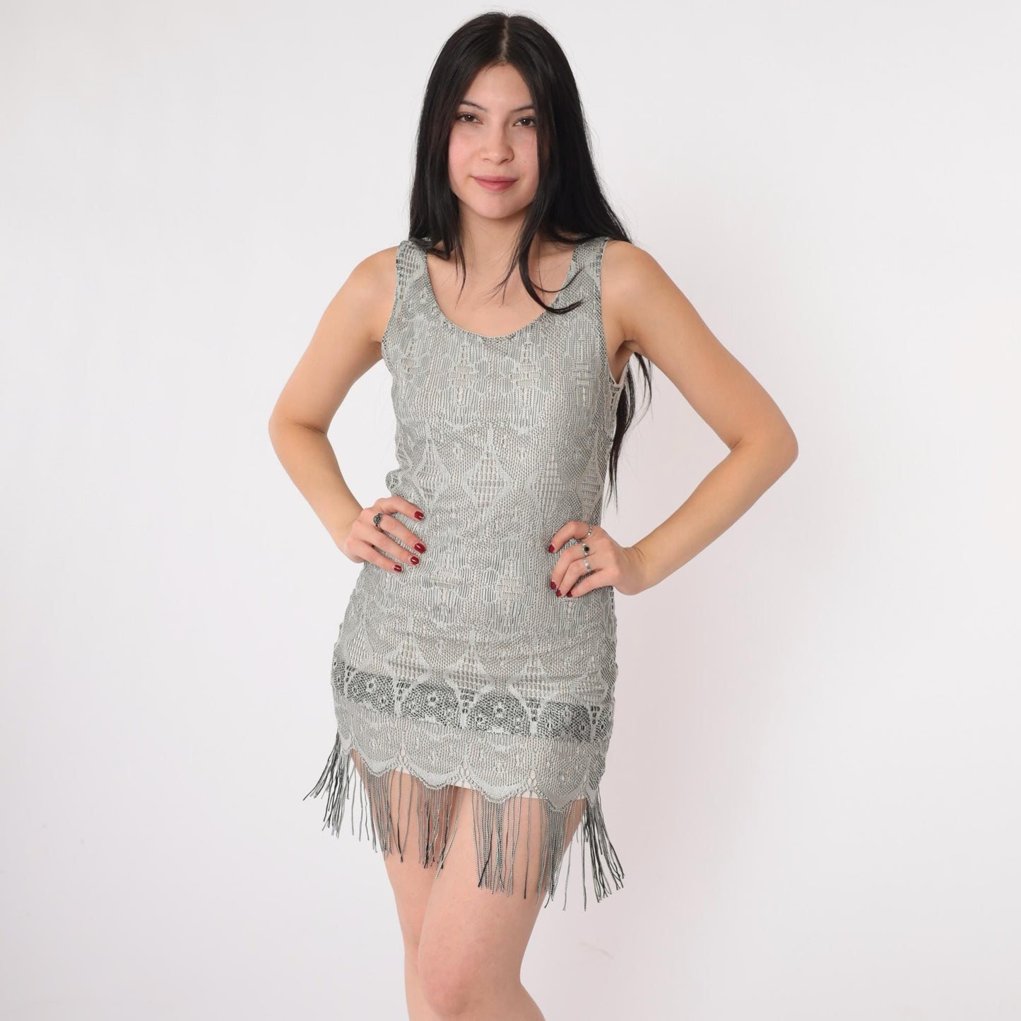 Y2K Grey Lace Floral Mini Dress Fringe Trim Bodycon Sleeveless Extra Small