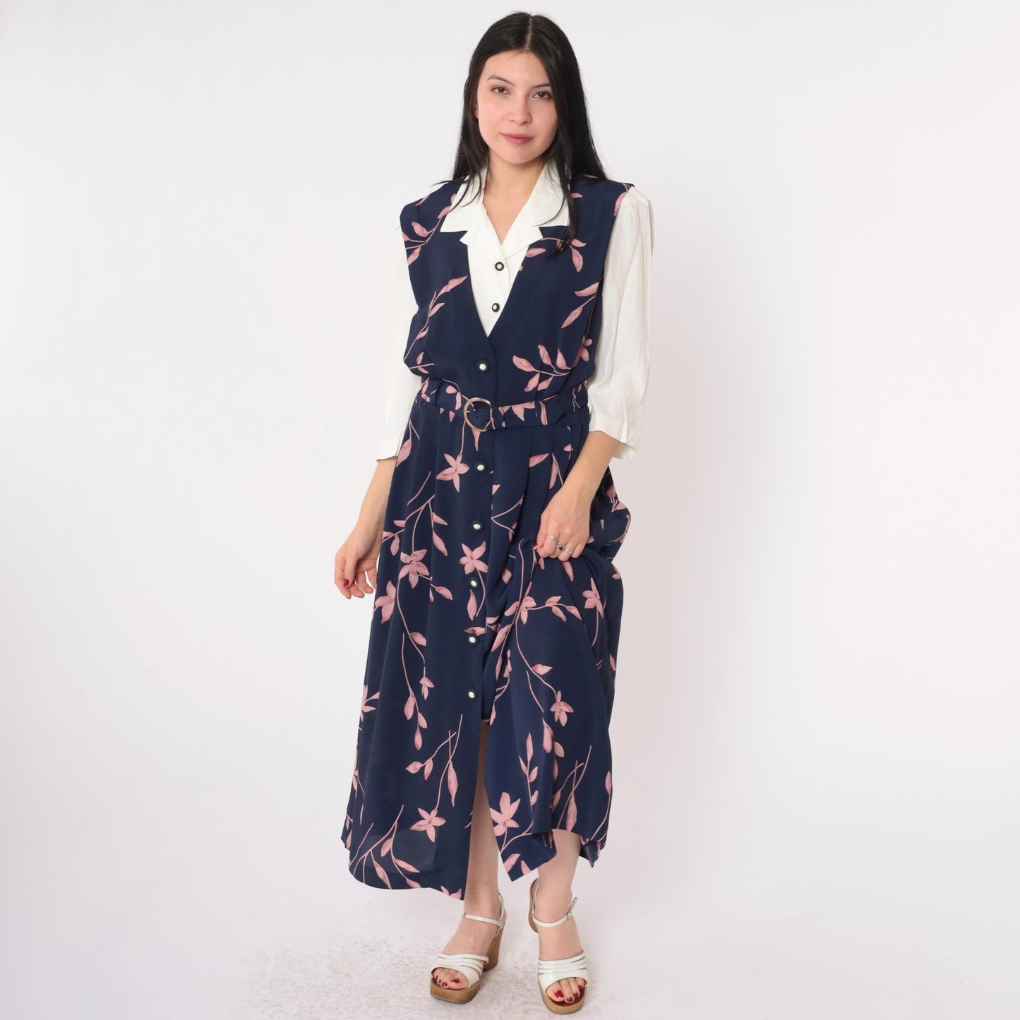 90s Navy Floral Maxi Dress Button-Up Attached Shirt 3/4 Sleeve Belted Medium