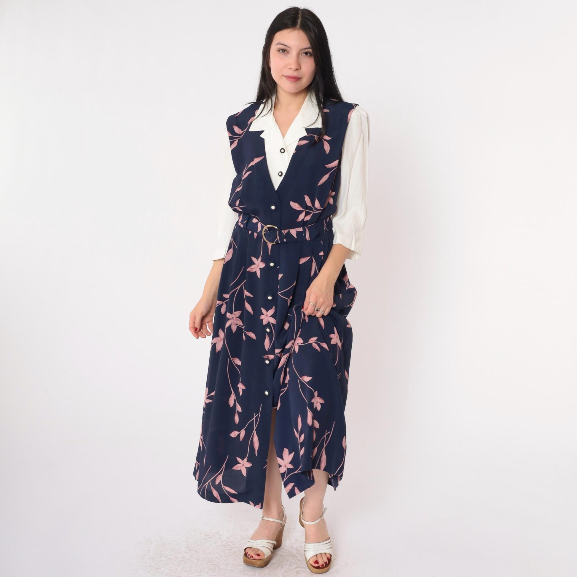 90s Navy Floral Maxi Dress Button-Up Attached Shirt 3/4 Sleeve Belted Medium