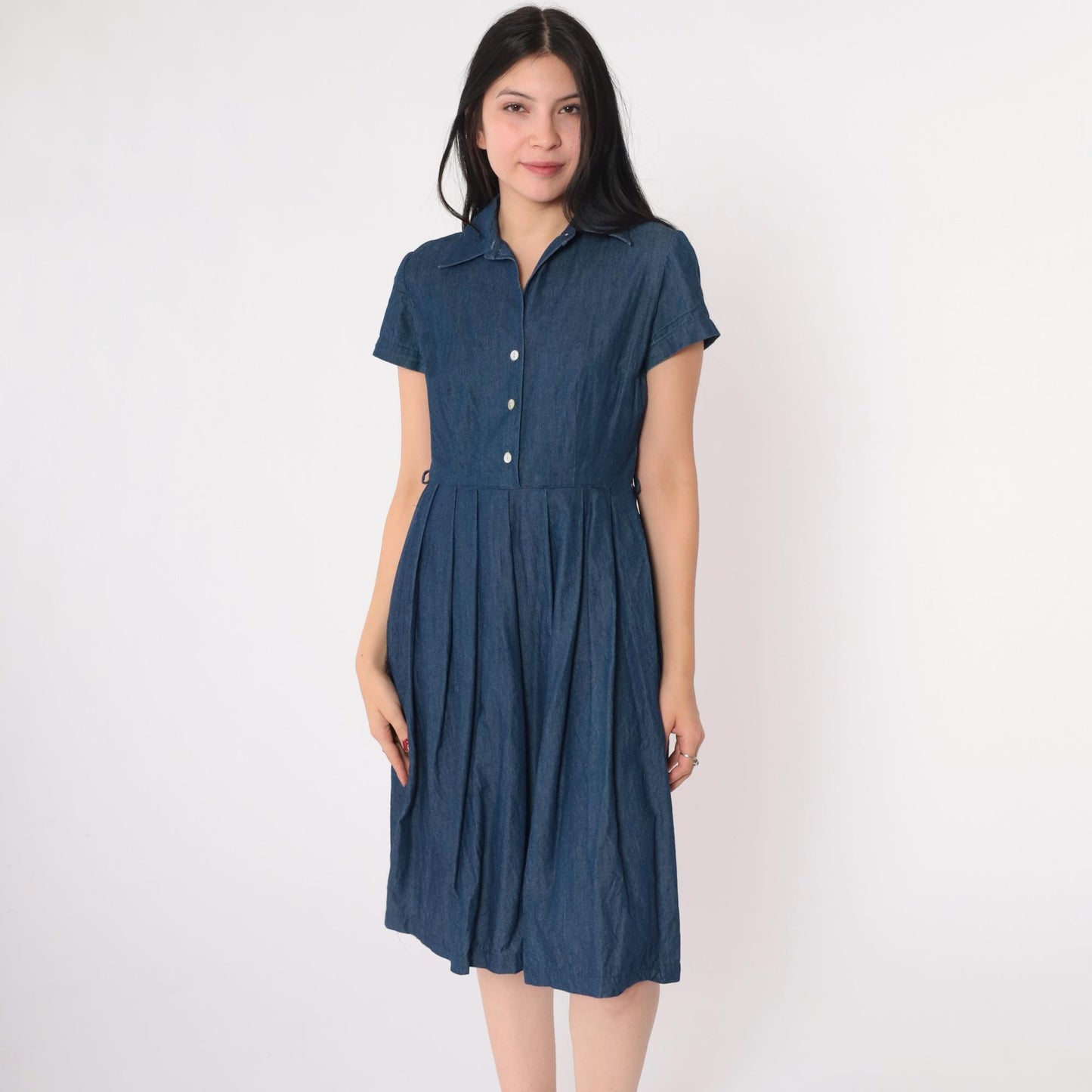 90s Talbots Petite Denim Shirtdress Knee-Length Pleated Dark Blue Cotton Size 2
