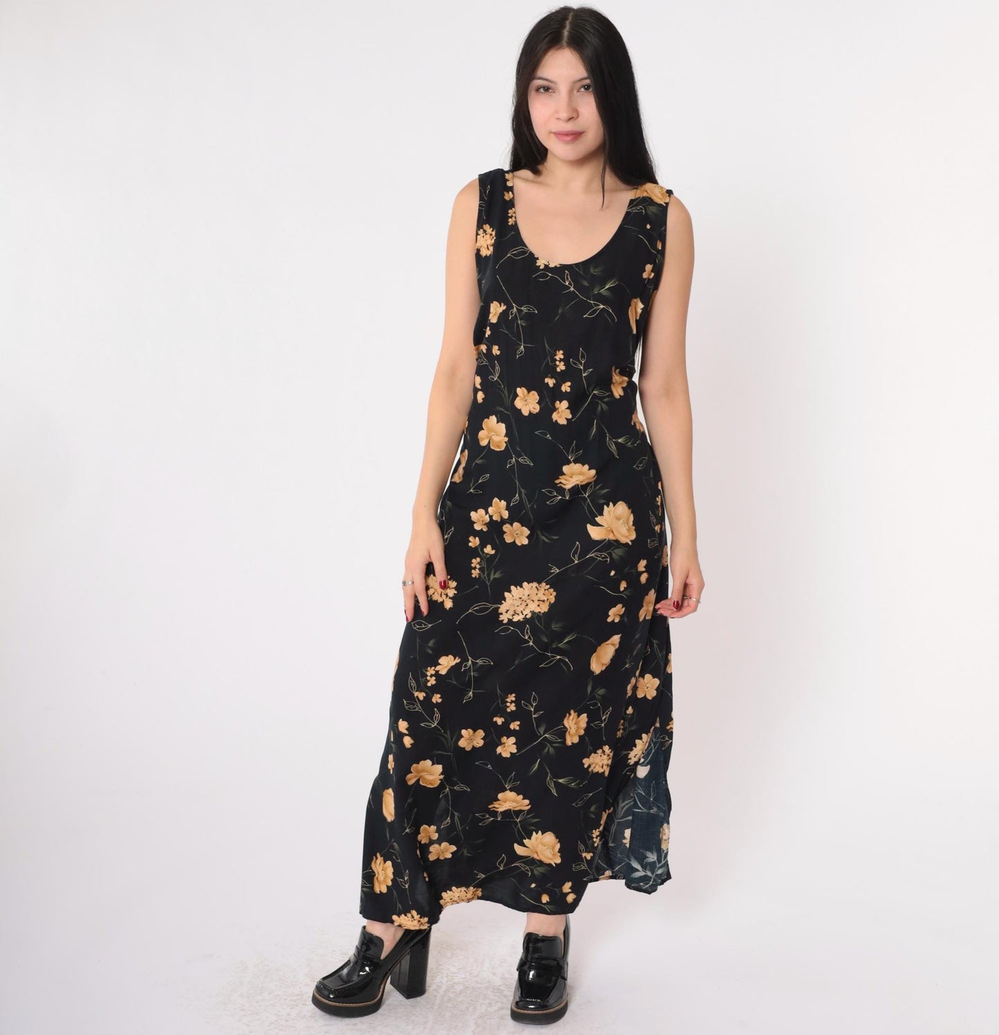 90s Black Floral Maxi Sundress Y2K Gold Print Sleeveless Scoop Neck Side Slit 16W