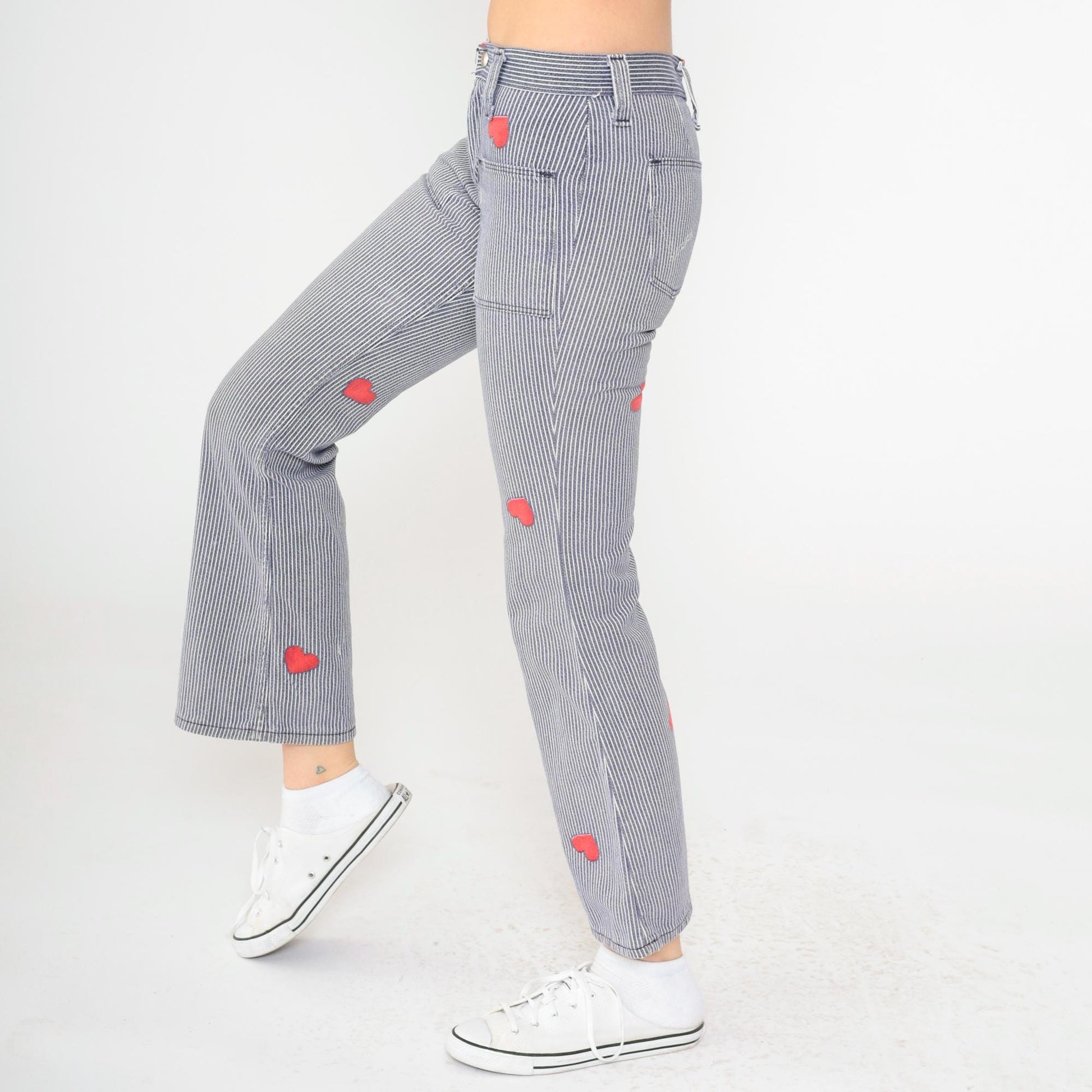 70s Wrangler Bell Bottom Jeans Hickory Striped Heart Patch Blue XXS