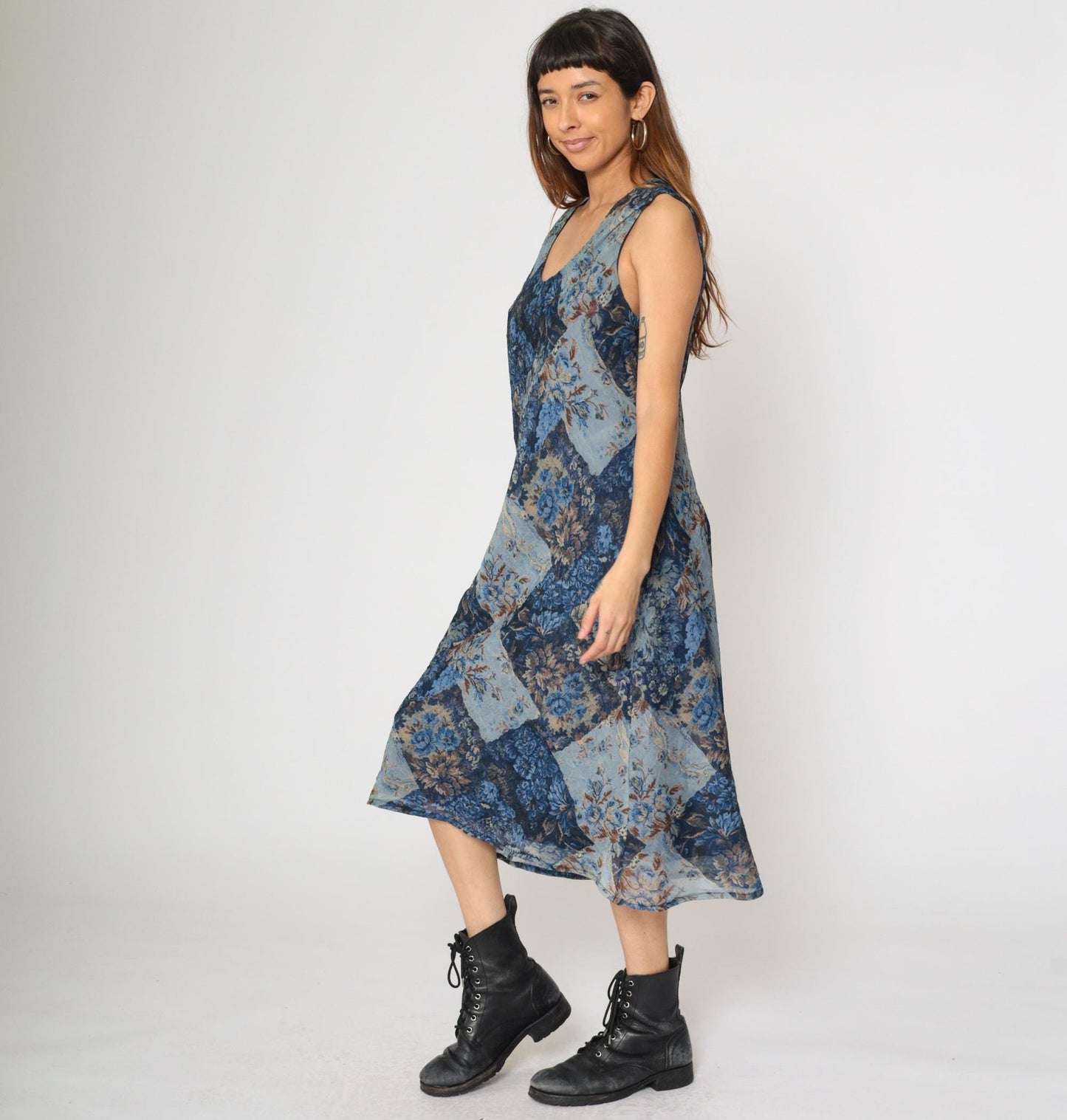 90s K Studio Patchwork Floral Midi Dress Blue Sleeveless Scoop Neck Size 18