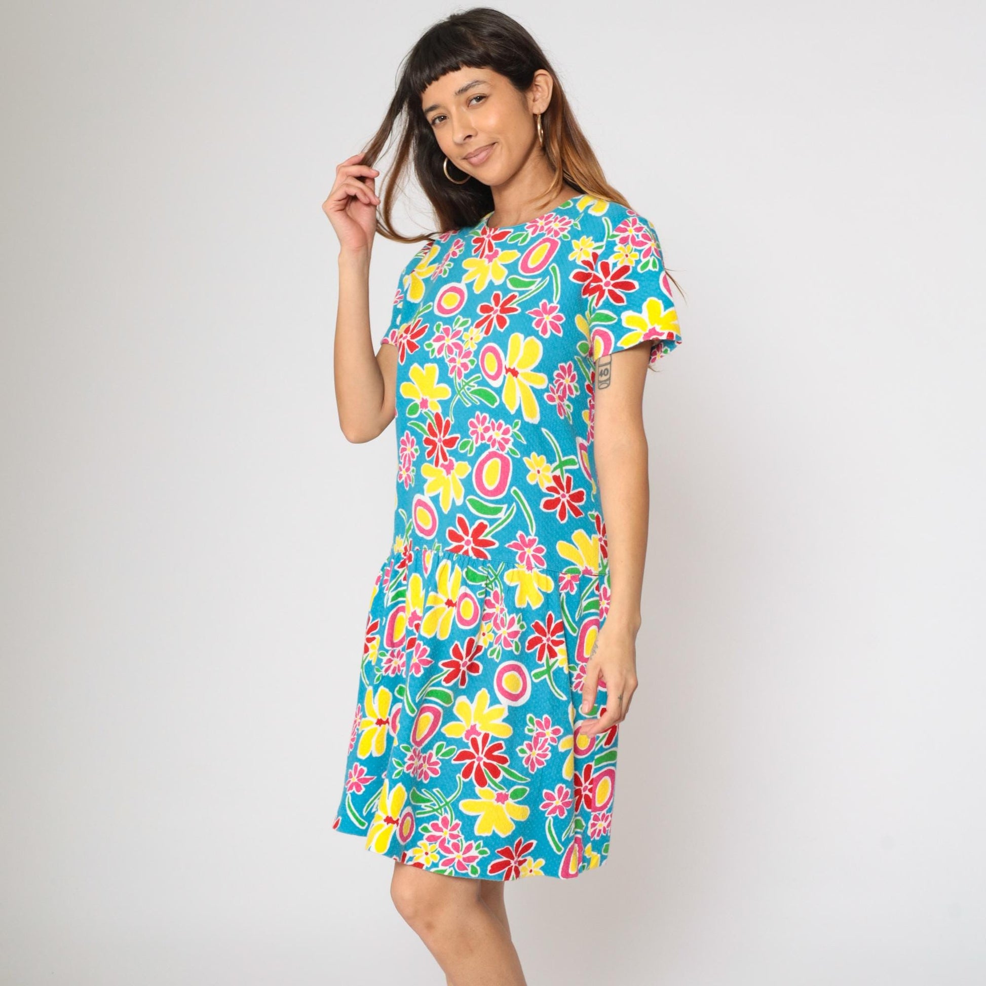 90s Adrienne Vittadini Floral Dress Drop Waist Knee Length Cotton Medium