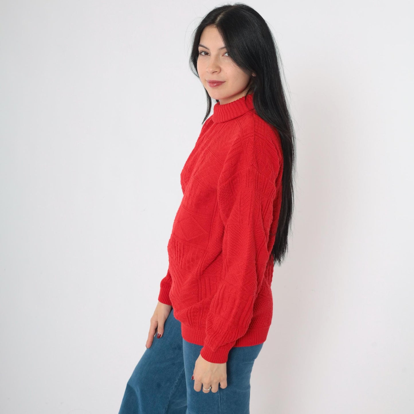 80s Red Textured Turtleneck Sweater Acrylic Knit Pullover Medium M