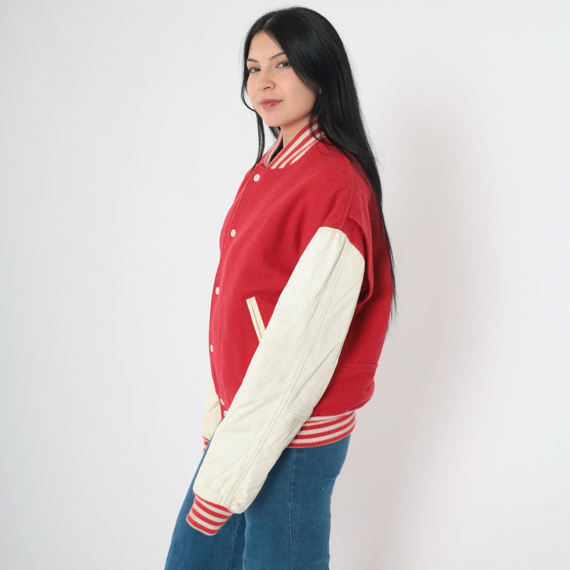 80s Red Wool Varsity Jacket Leather Sleeves Distressed Snap Medium M