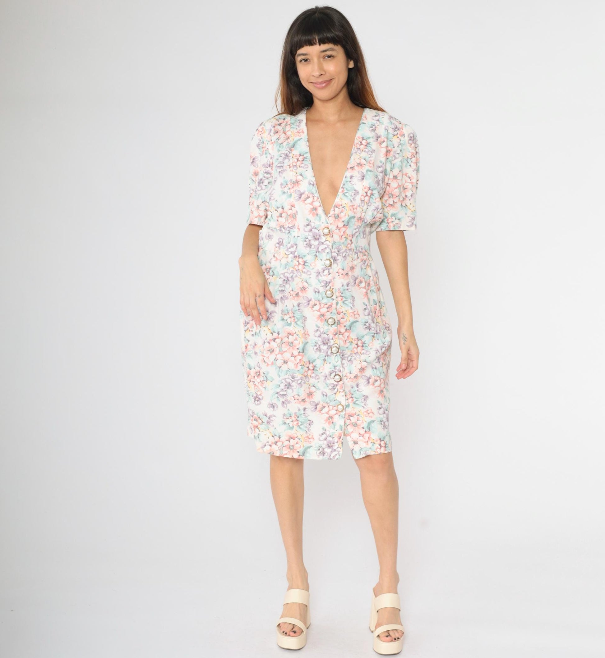 80s Caroline Wells Floral Midi Dress White Puff Sleeve Pearl Button Medium