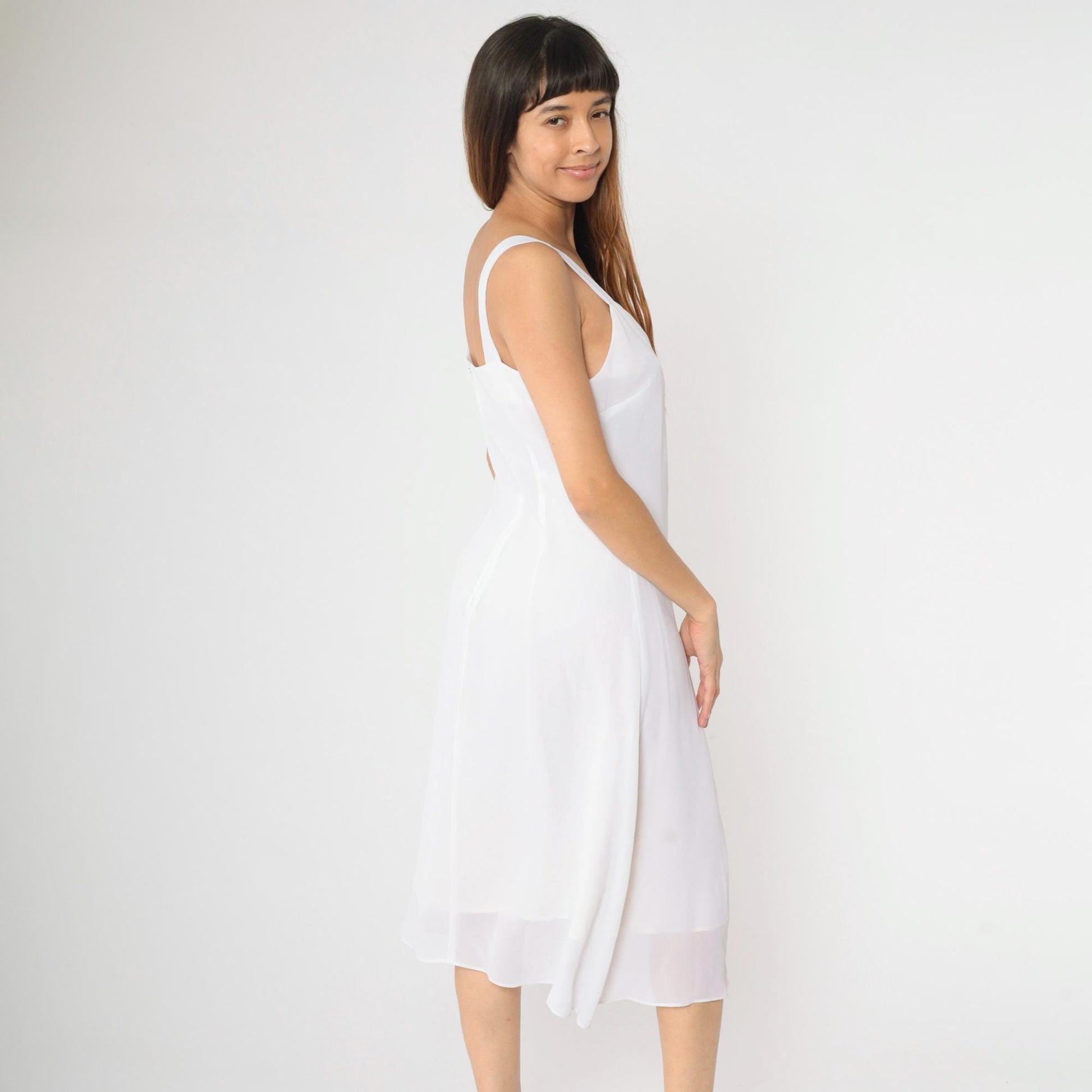 90s White Chiffon Midi Dress Floral Embroidered Cutwork Rhinestone Medium