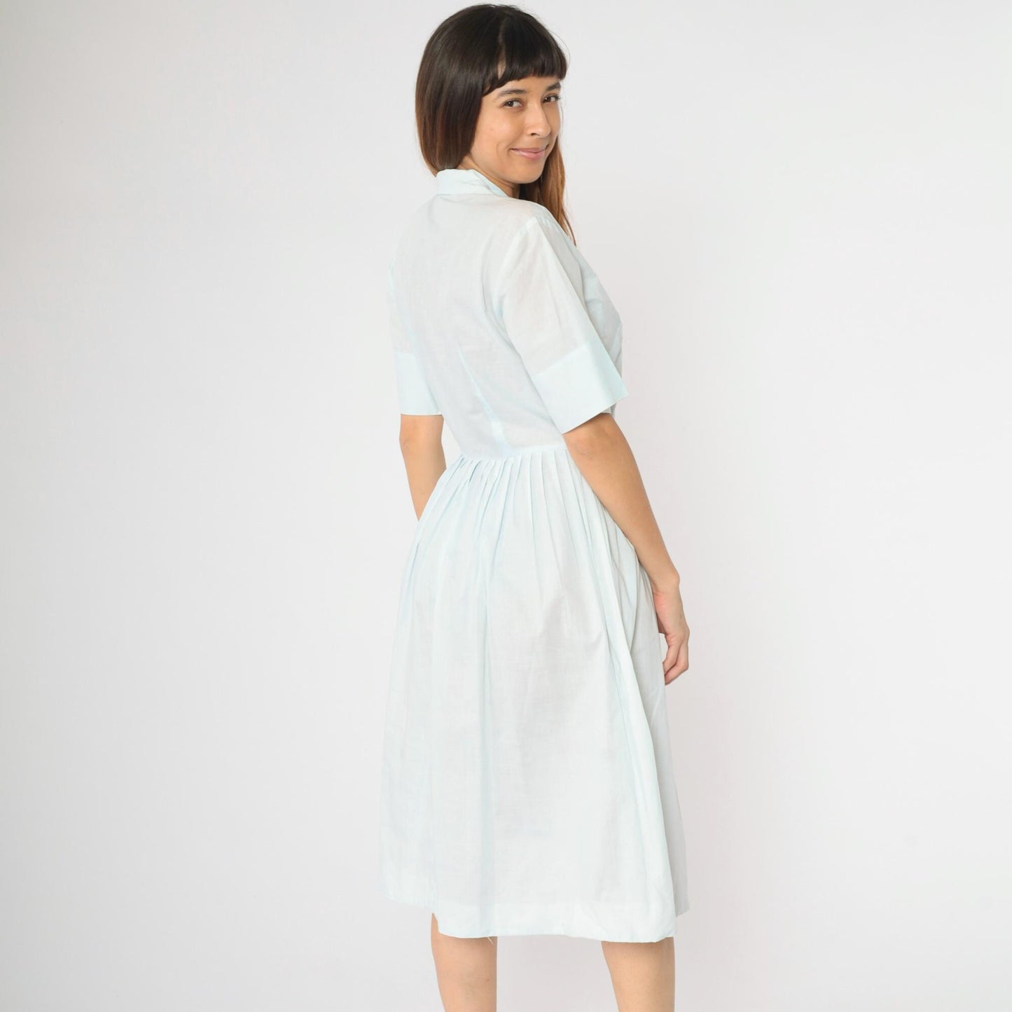 60s Light Blue Pintuck Day Dress Lace Trim Button-Up Shirtwaist Medium