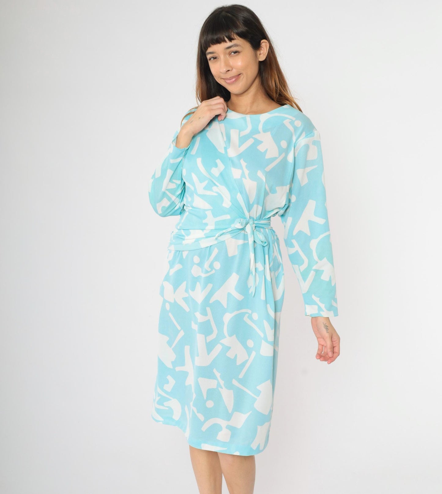 80s Blue White Abstract Geometric Dolman Sleeve Midi Dress Large L