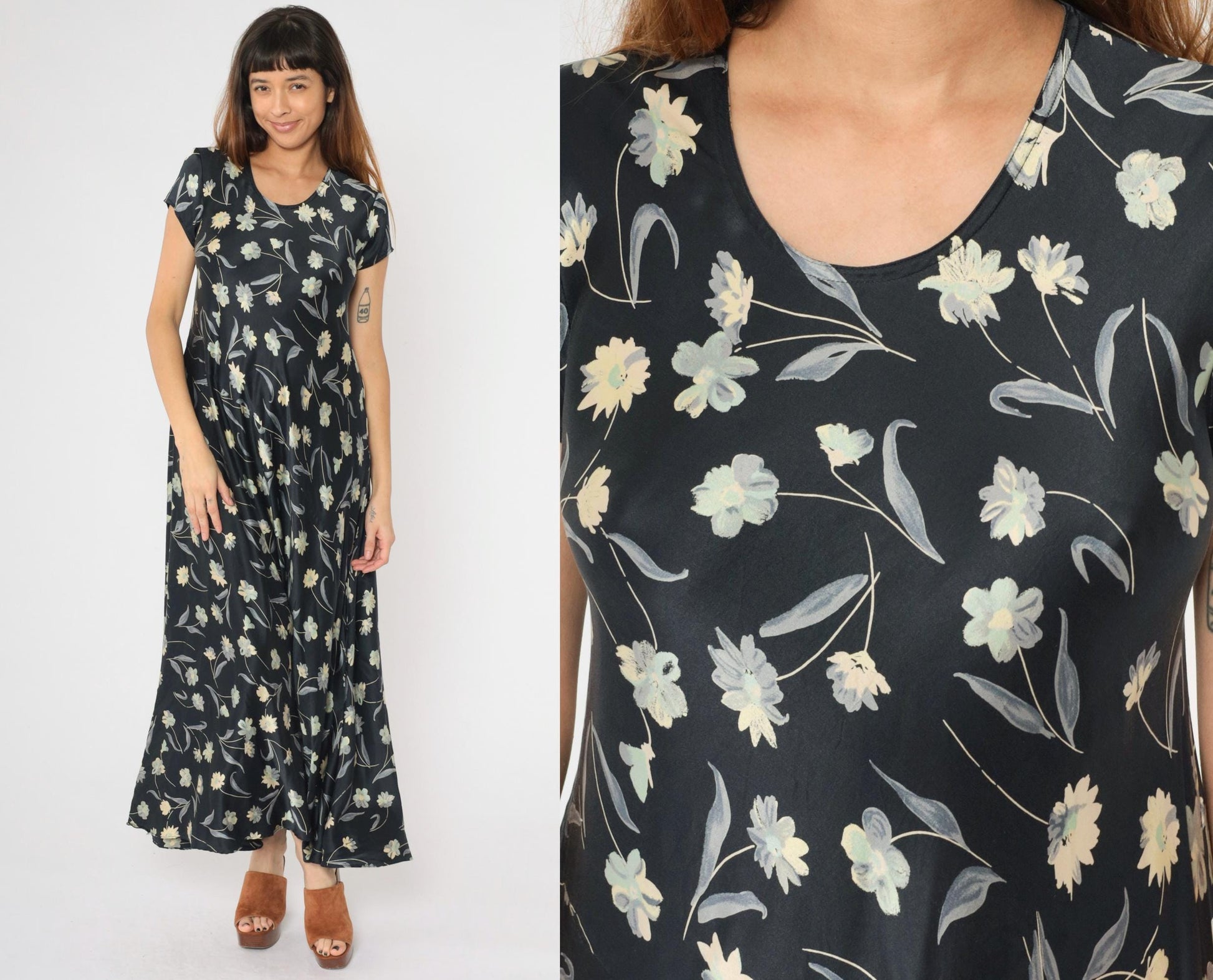 90s Black Floral Silk Maxi Dress Scoop Neck Short Sleeve Large L