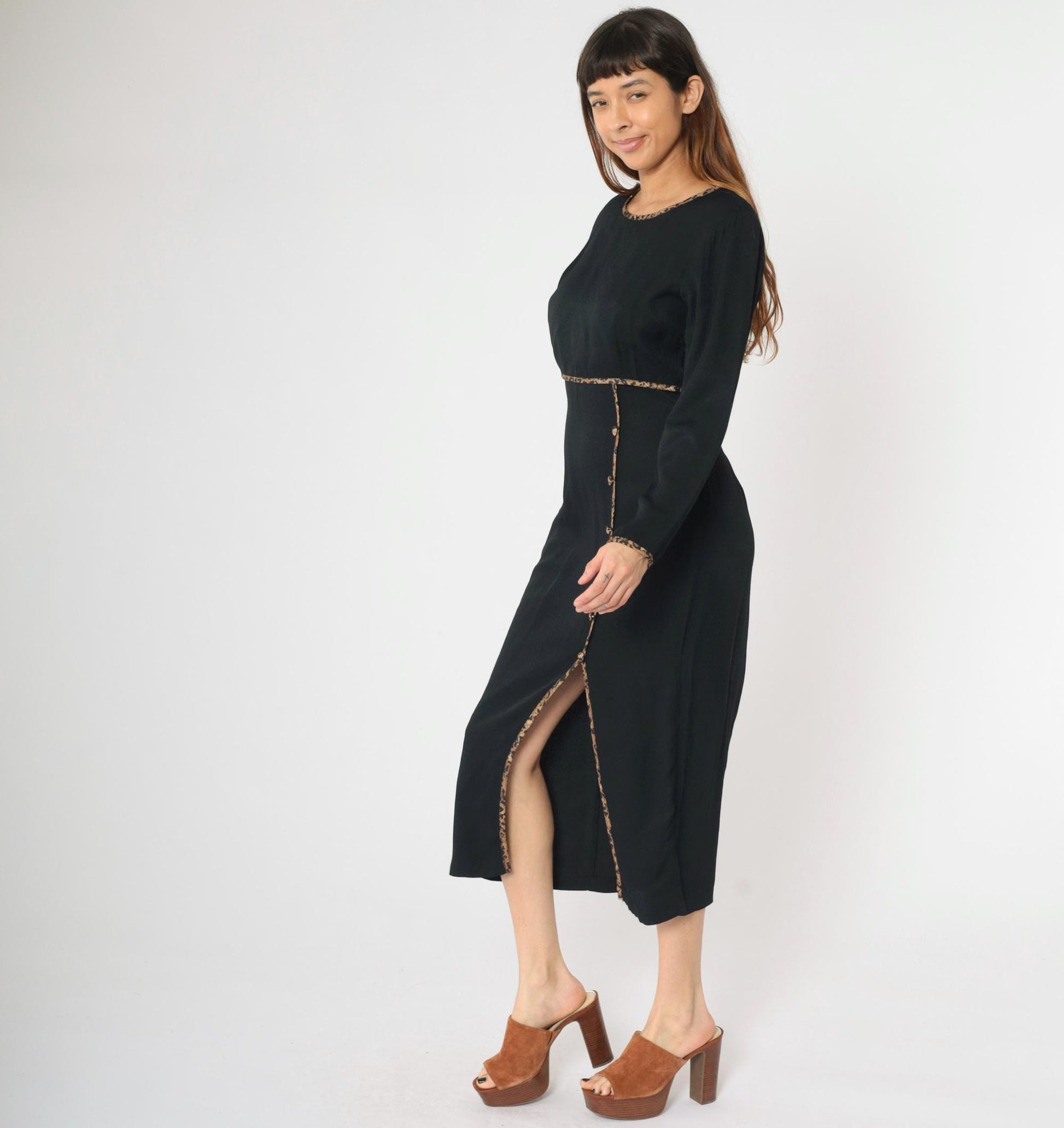 90s David Benjamin Black Midi Dress Leopard Trim High Waist Front Slit Medium