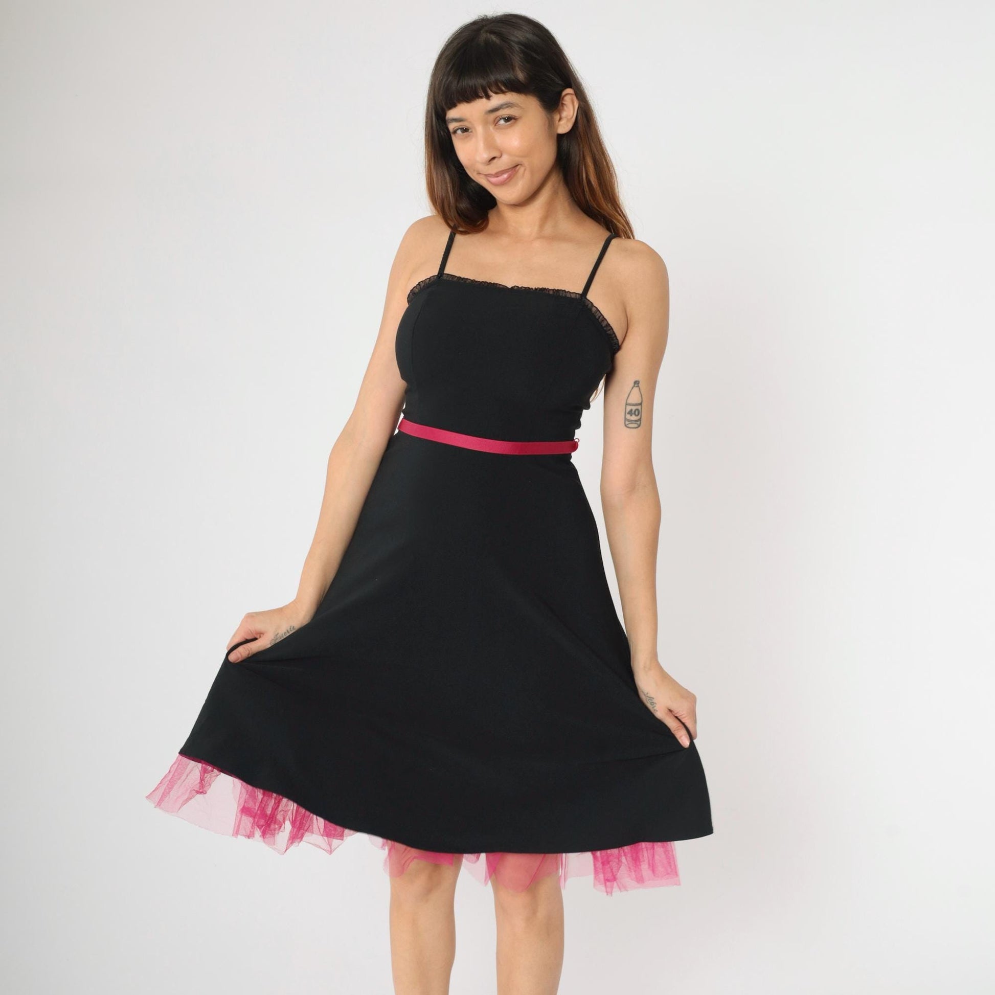 90s City Triangles Black Midi Dress Hot Pink Tulle Spaghetti Strap Small