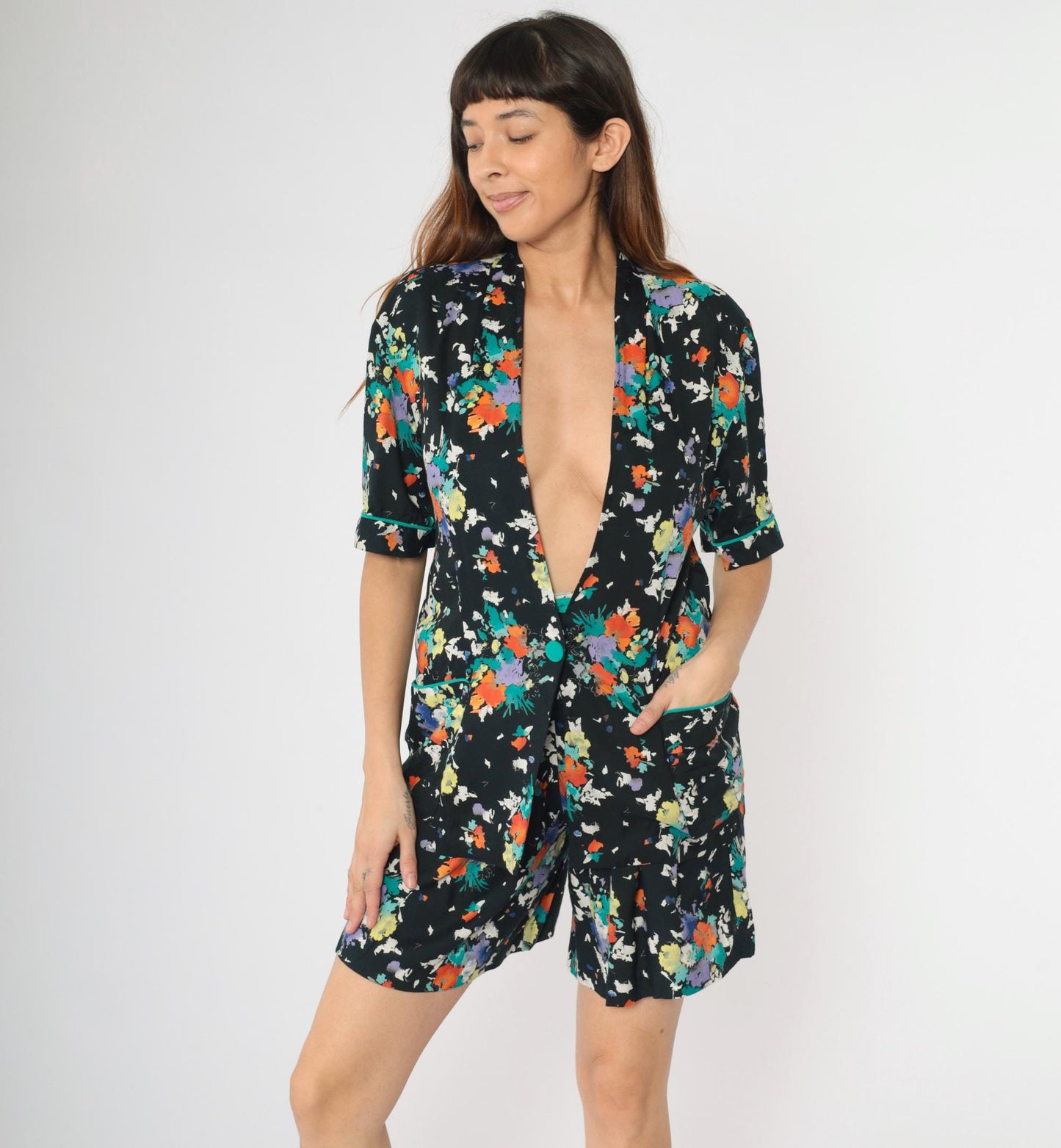 80s Synari Petites Floral Two-Piece Set Jacket Shorts Pleated Small