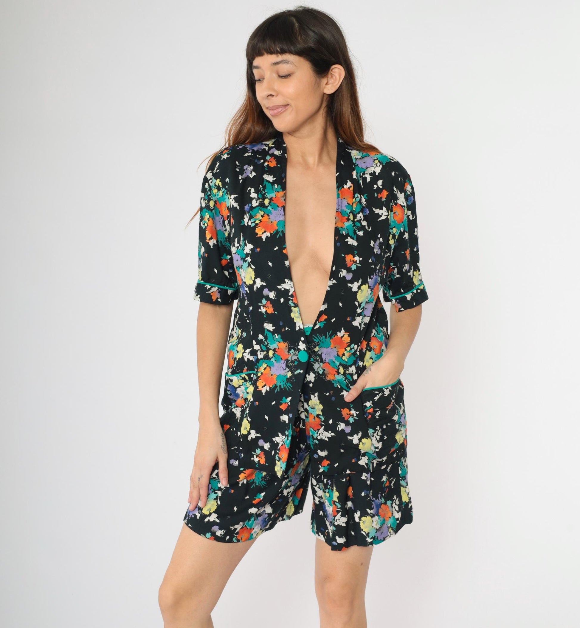 80s Synari Petites Floral Two-Piece Set Jacket Shorts Pleated Small