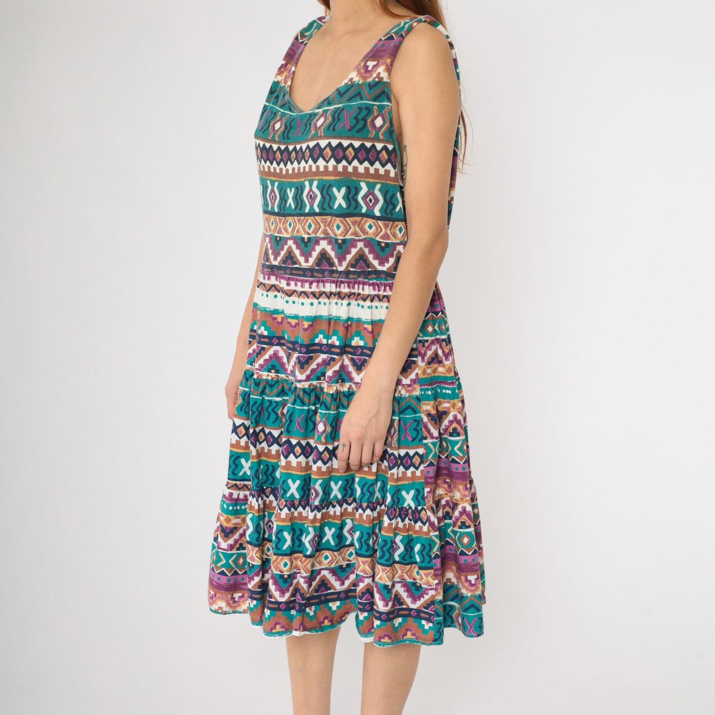90s Fredericks of Hollywood Southwestern Midi Dress Geometric Patchwork Sleeveless Small