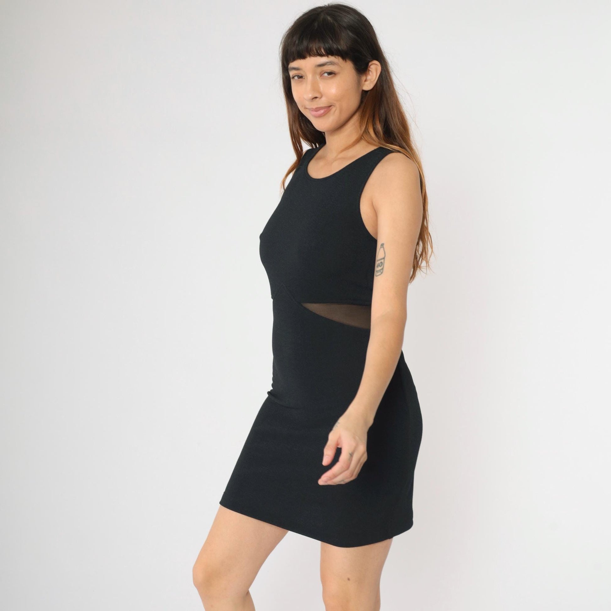 90s Black Bodycon Mini Dress Sheer Mesh Waist Cut Out Sleeveless Small