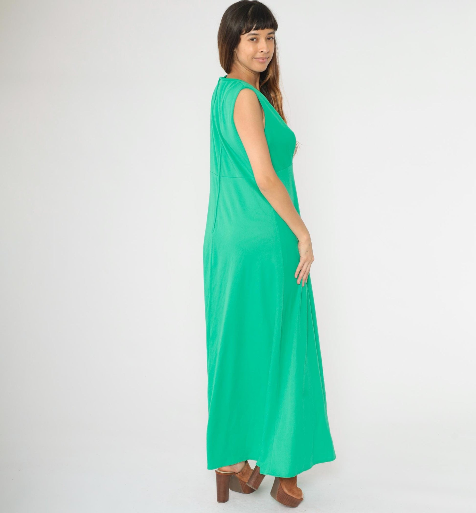 70s Green Maxi Dress Sleeveless High Waist Lily Lynn Large L