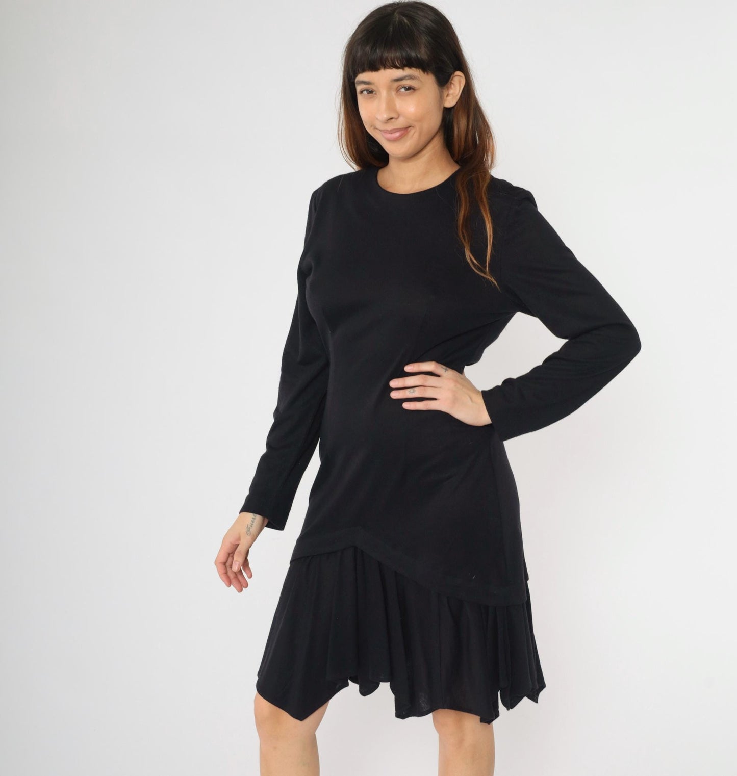 90s Black Knit Dress Asymmetric Layered Hem Long Sleeve Midi Medium