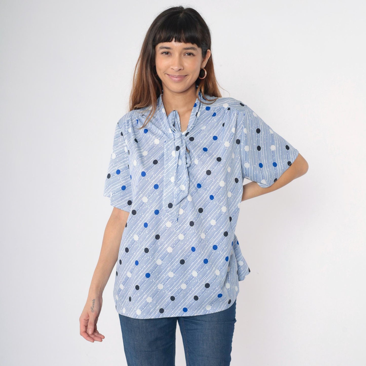 80s Tiger Lily Polka Dot Ascot Blouse Blue White Striped Short Sleeve Extra Large