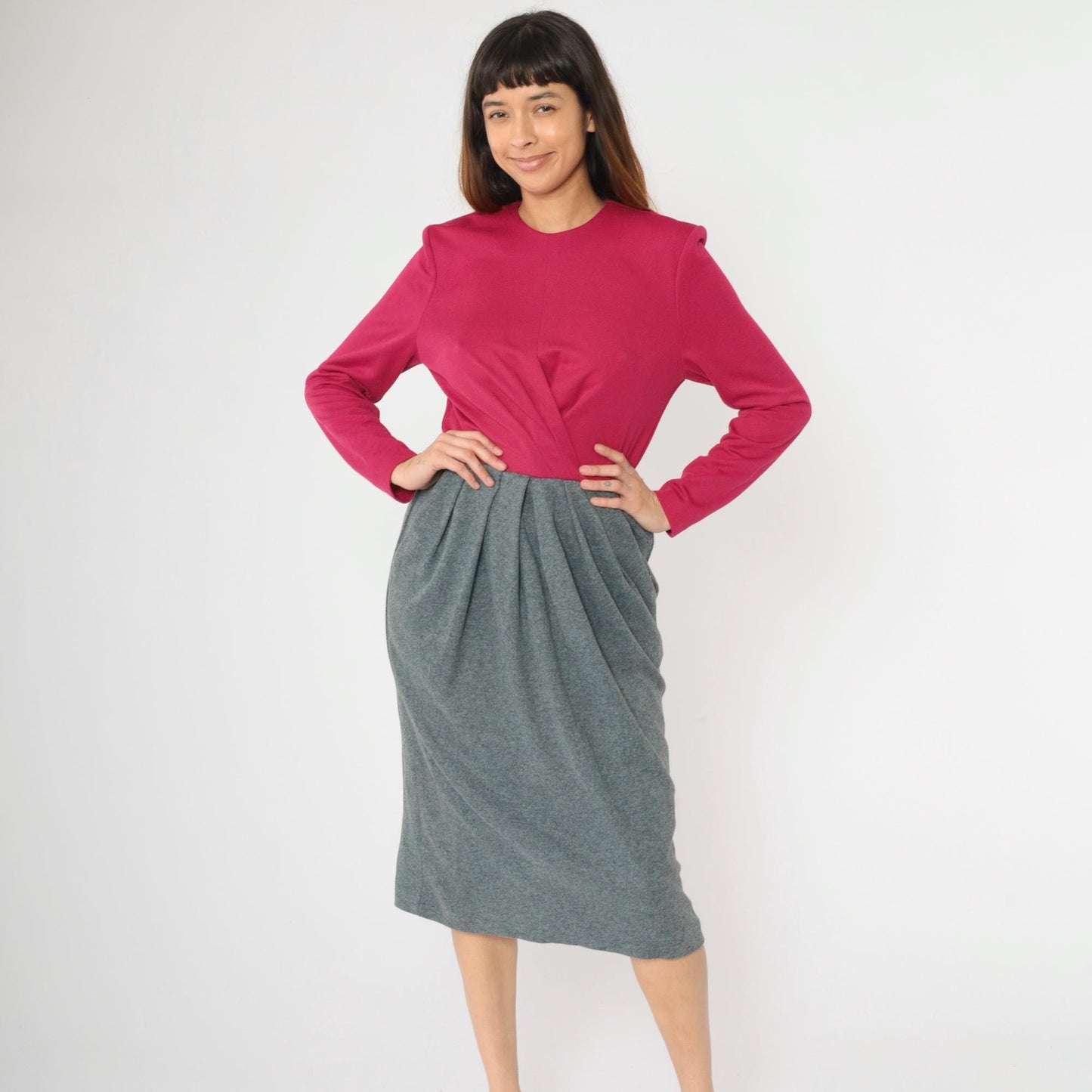 80s Leslie Fay Two-Tone Midi Dress Fuchsia Grey Pleated Small