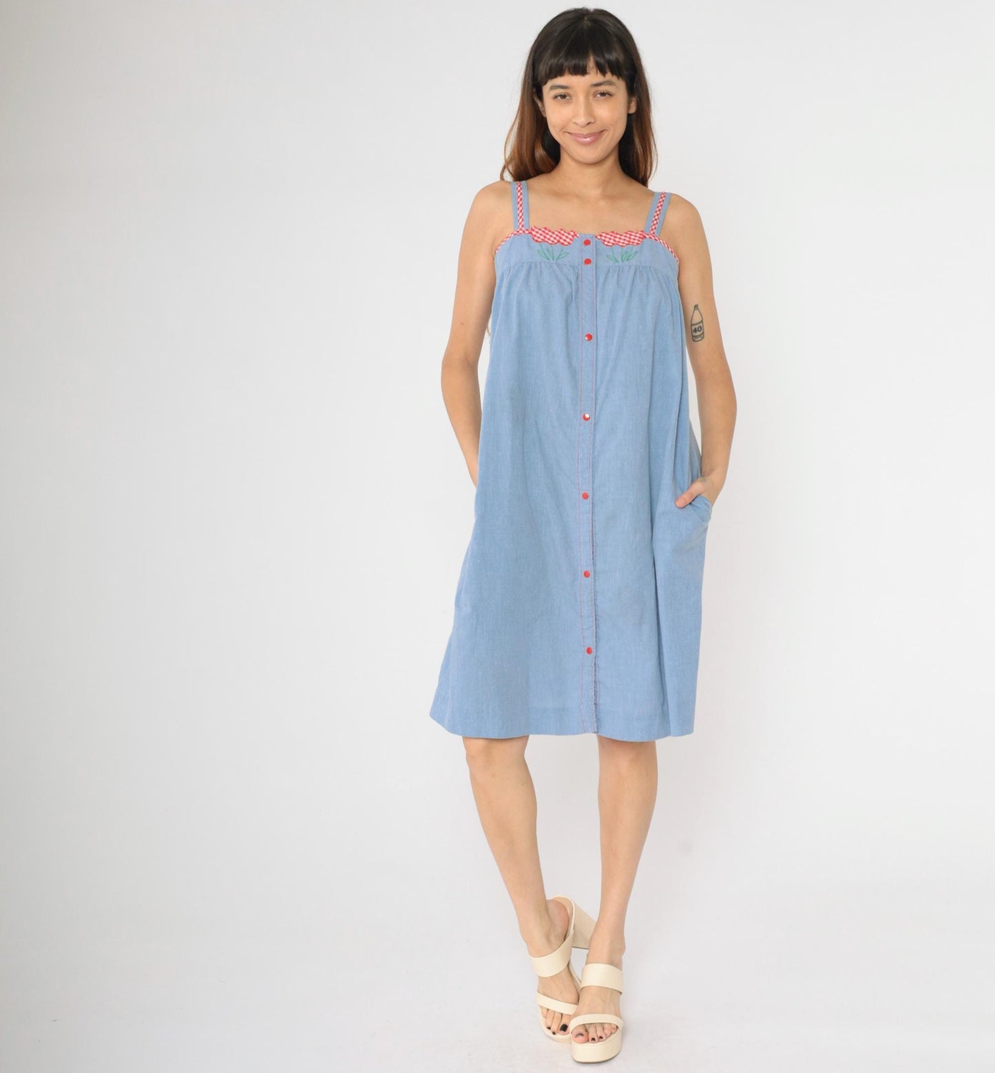 80s Blue Chambray Midi Dress Floral Embroidered Snap Button Sleeveless Small Medium