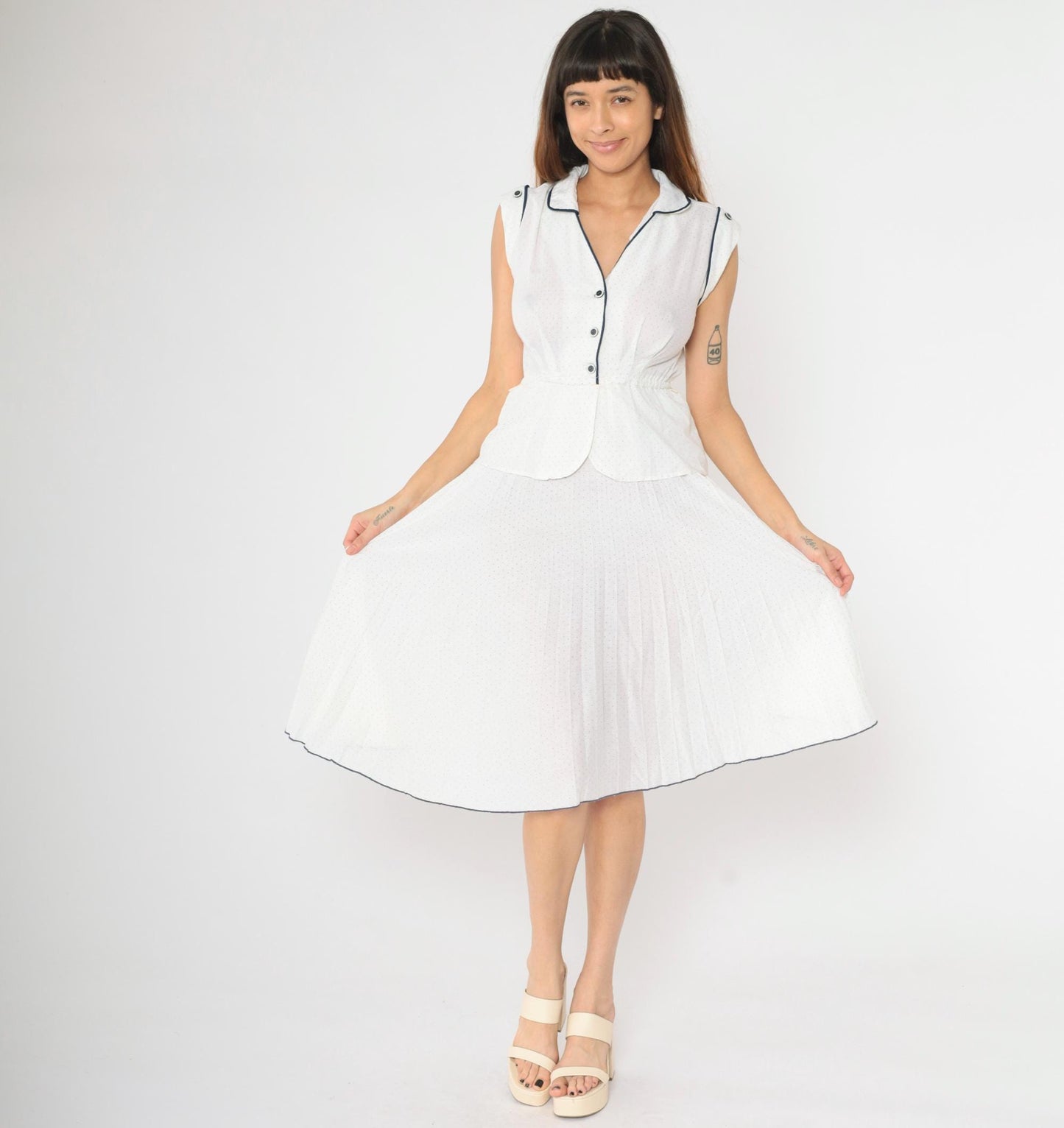70s White Polka Dot Midi Dress Navy Piping Cap Sleeve Peplum Extra Small XS