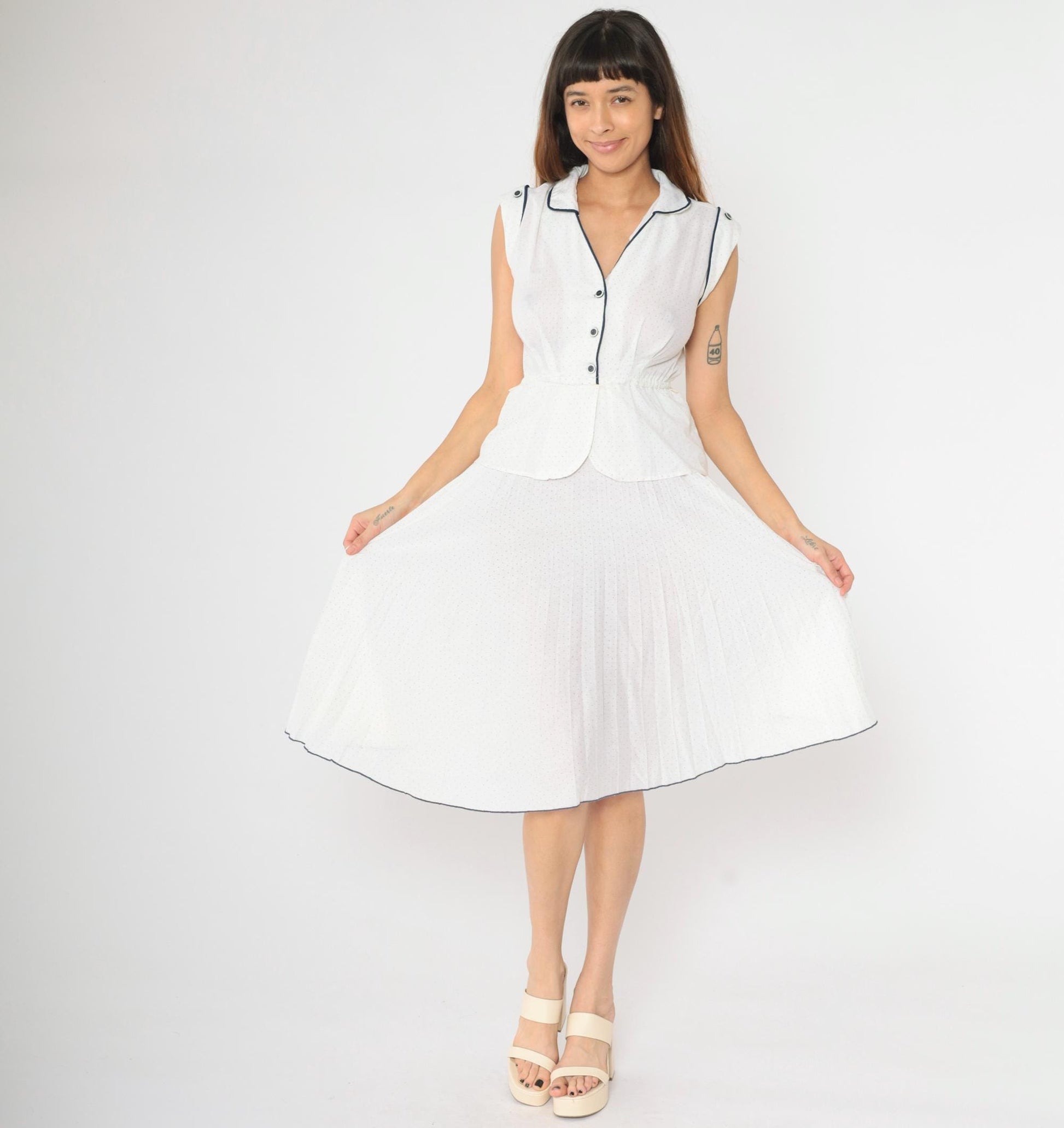 70s White Polka Dot Midi Dress Navy Piping Cap Sleeve Peplum Extra Small XS