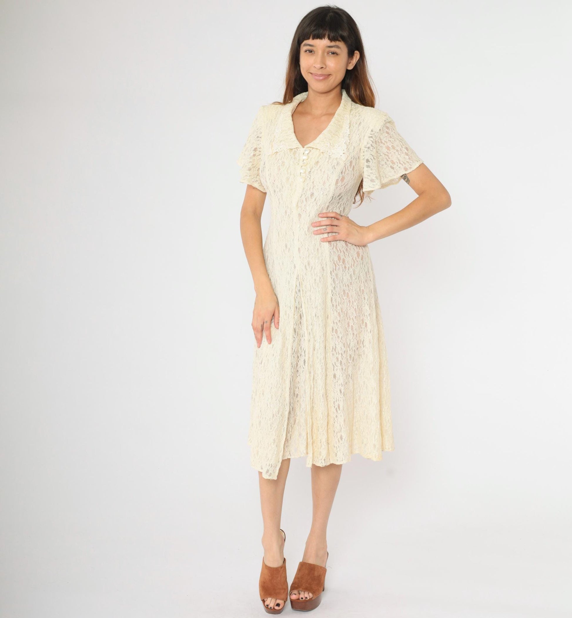 90s Cream Lace Midi Dress Short Sleeve Button Front Sheer Small S