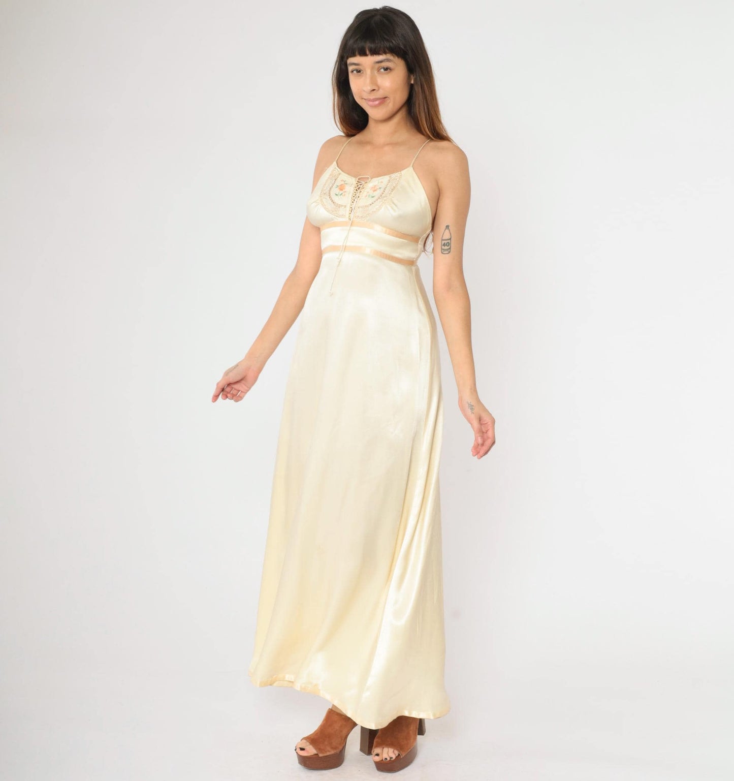 70s Gunne Sax Cream Satin Maxi Dress Floral Embroidered Empire Waist Extra Small