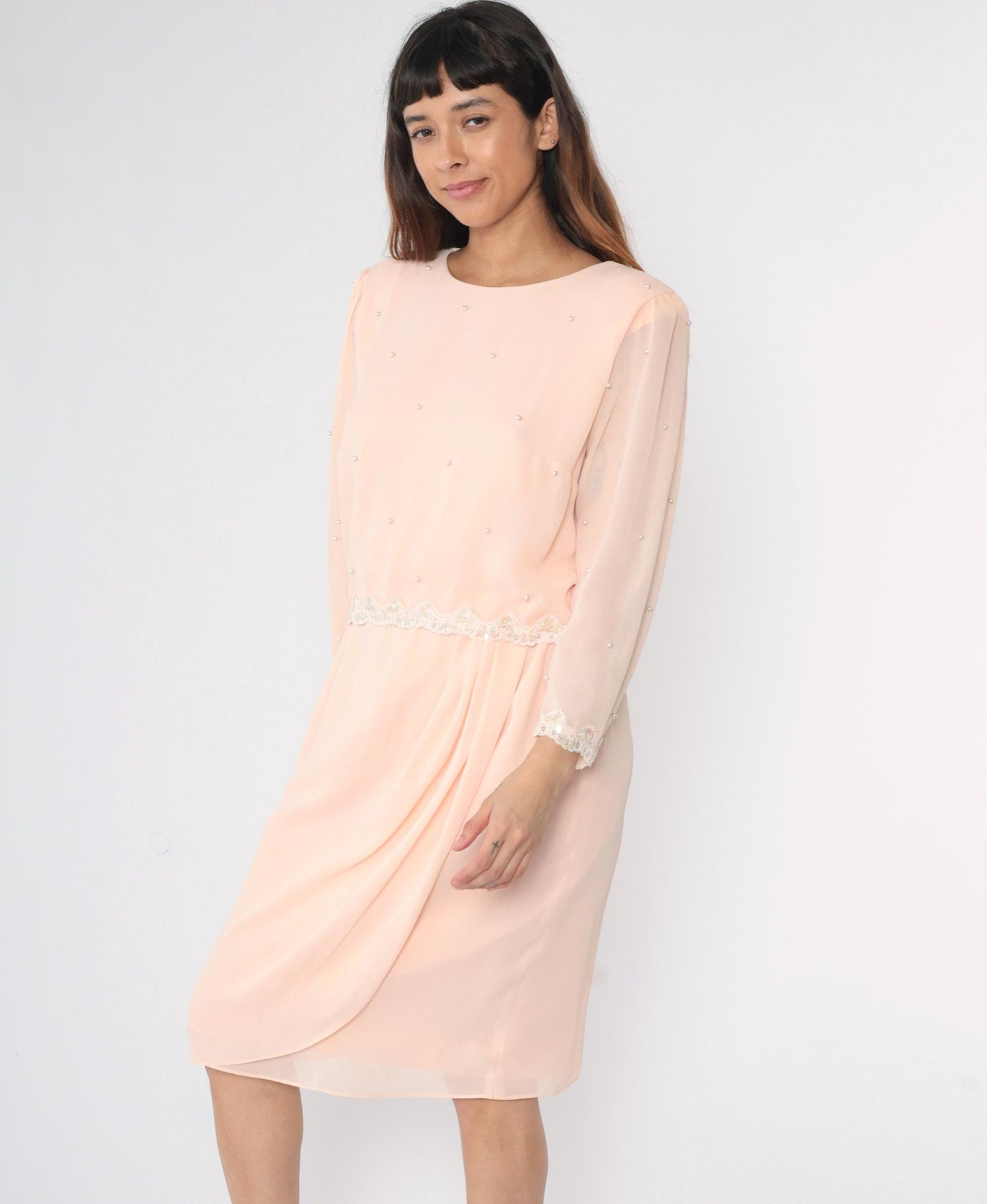 80s Miss Elliette Baby Pink Chiffon Midi Dress Puff Sleeve Beaded Sequin Medium