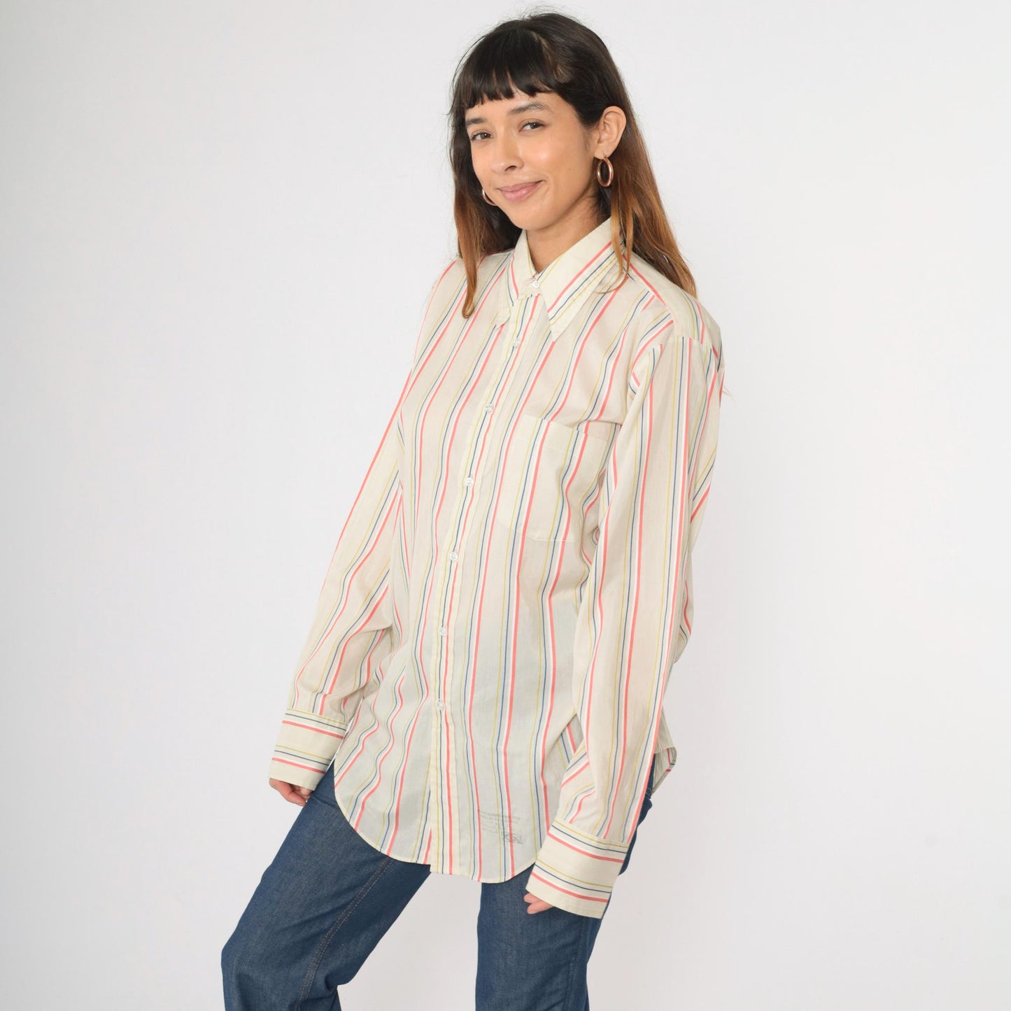 70s Arrow Collar Striped Button-Up Shirt Pointed Collar Coral Yellow Blue Medium